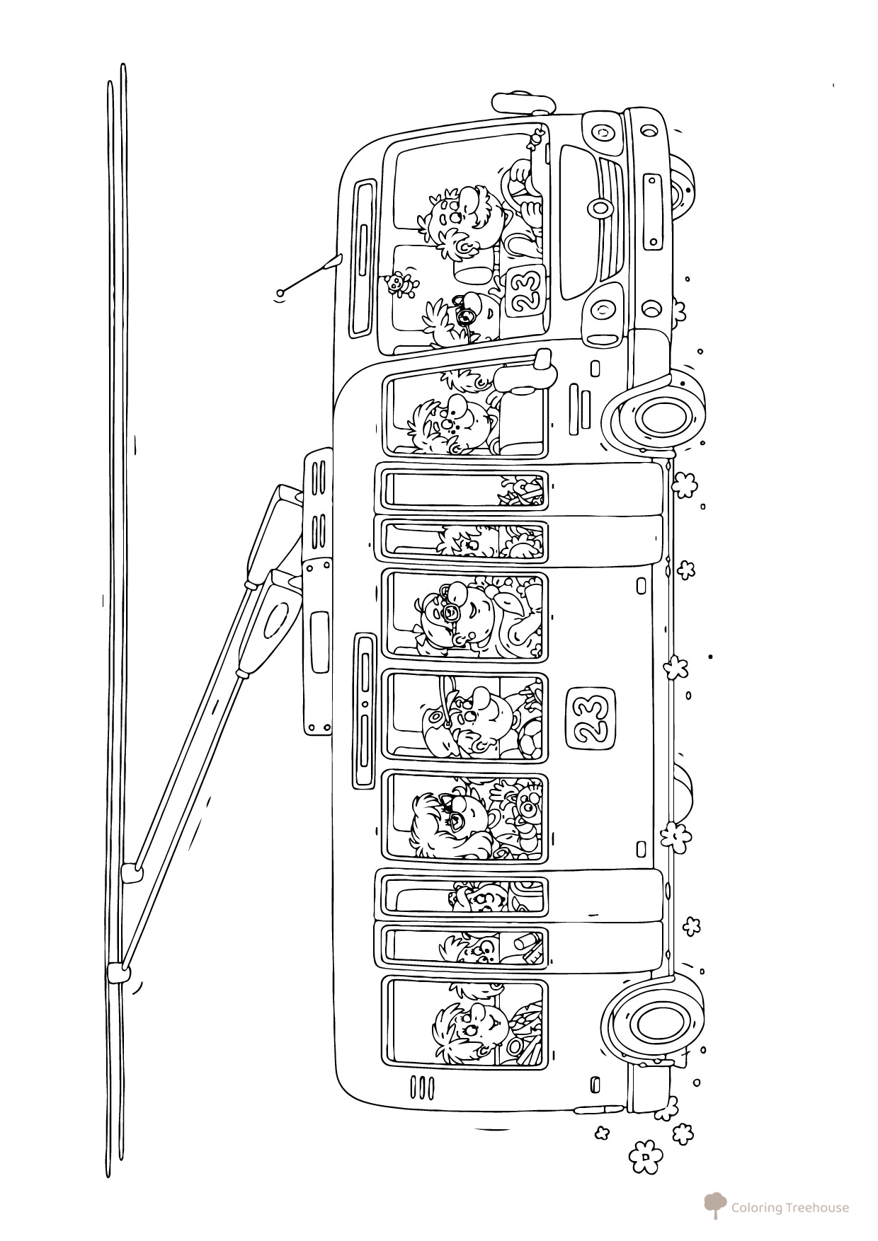 Dibujo para colorear «Trolebús alegre con pasajeros» dibujo para colorear gratis de Páginas para colorear de trolebuses