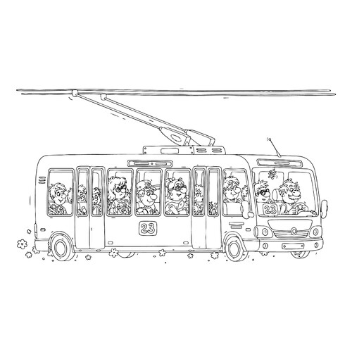 Dibujo para colorear «Trolebús alegre con pasajeros» dibujo para colorear gratis de Páginas para colorear de trolebuses