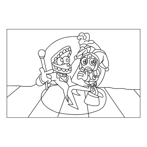 Kейн и Помни на сцене — раскраска dibujo para colorear gratis de Páginas para colorear «El sorprendente circo digital»