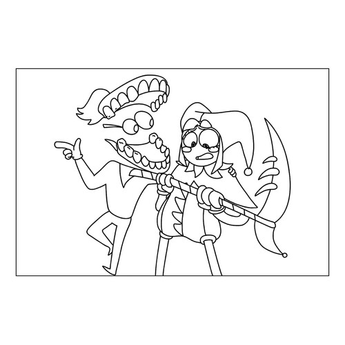 Página para colorear «Kein y Pomni con la guadaña» dibujo para colorear gratis de Páginas para colorear «El sorprendente circo digital»