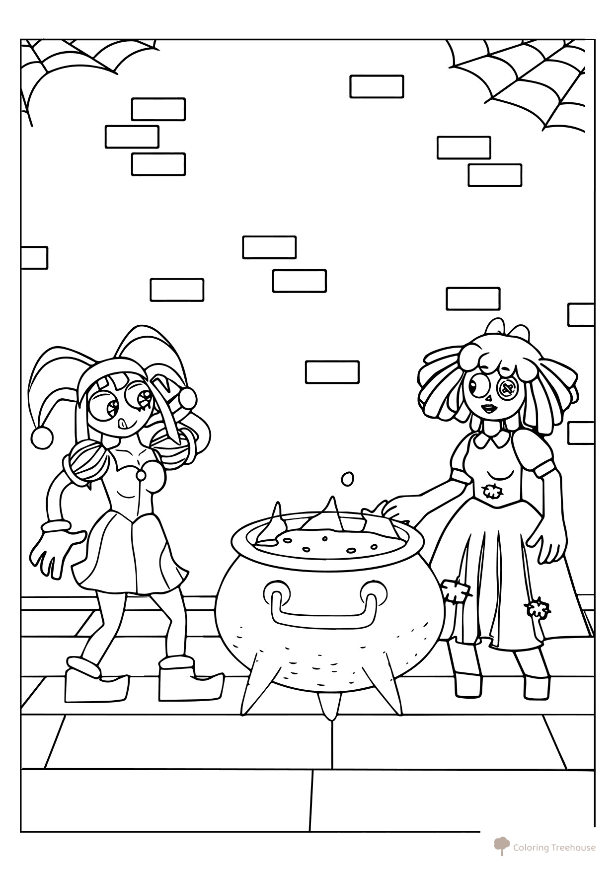 Página para colorear «Pomni y Ragata junto al caldero» dibujo para colorear gratis de Páginas para colorear «El sorprendente circo digital»