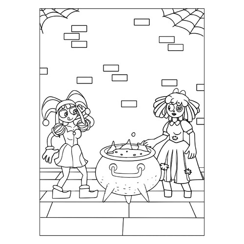 Página para colorear «Pomni y Ragata junto al caldero» dibujo para colorear gratis de Páginas para colorear «El sorprendente circo digital»