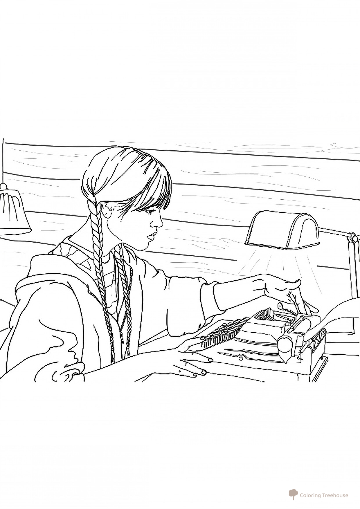 Página para colorear de Wednesday y la máquina de escribir dibujo para colorear gratis de Dibujos para colorear de Wednesday (Уэнсдей)