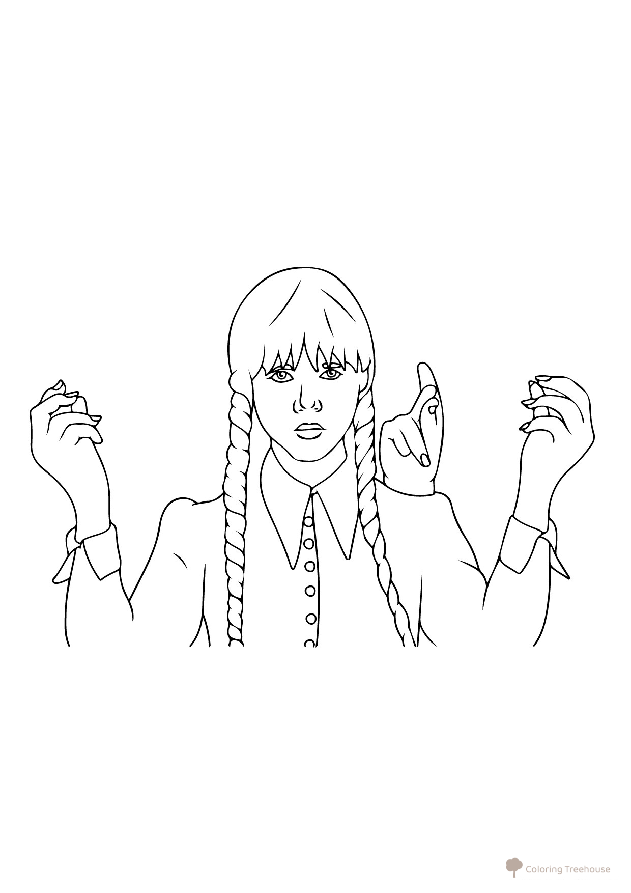 Wednesday and Thing Snap Their Fingers Coloring Page free printable Wednesday Coloring Pages from the Series coloring page