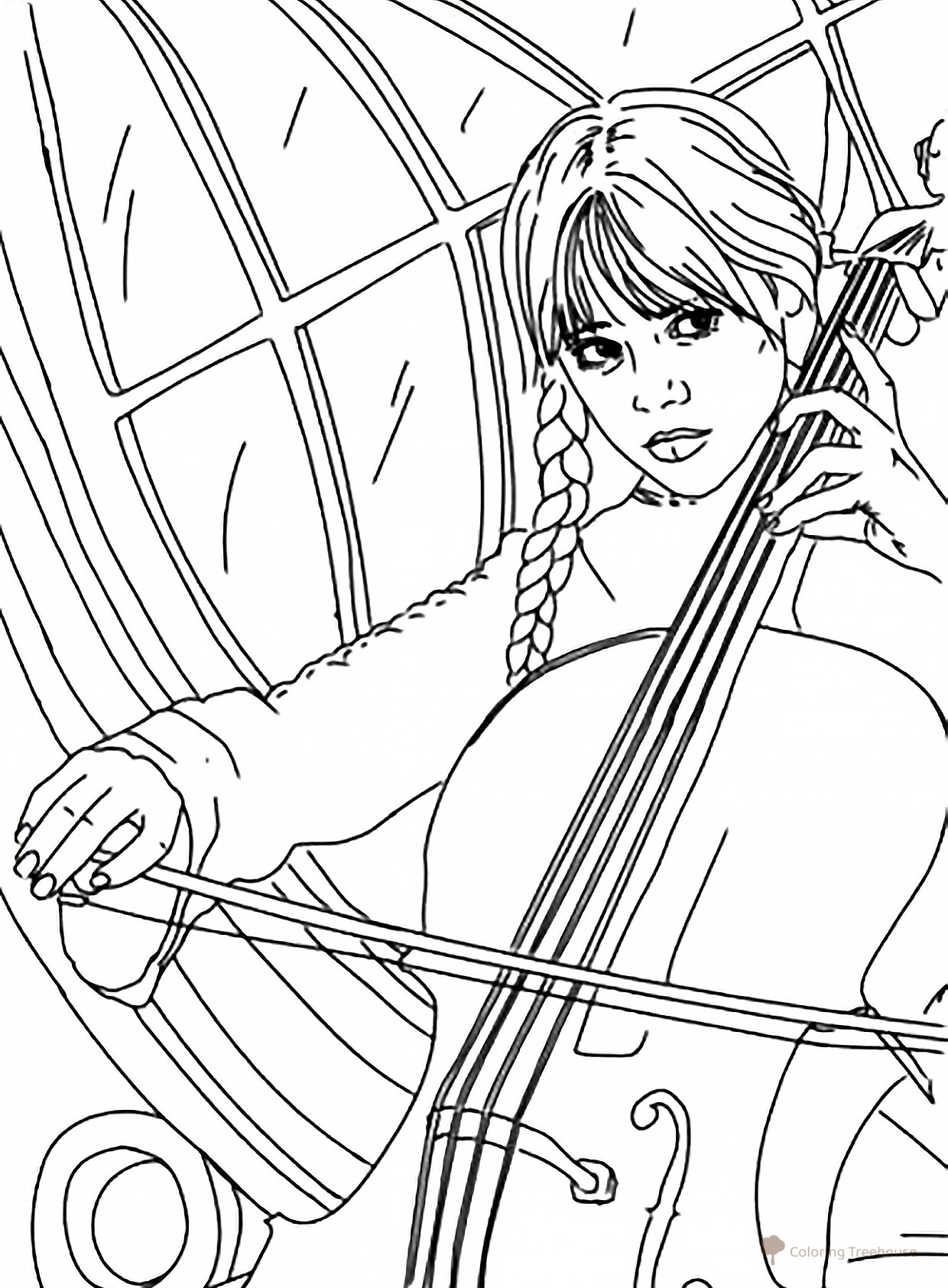 Wednesday Playing the Cello Coloring Page free printable Wednesday Coloring Pages from the Series coloring page