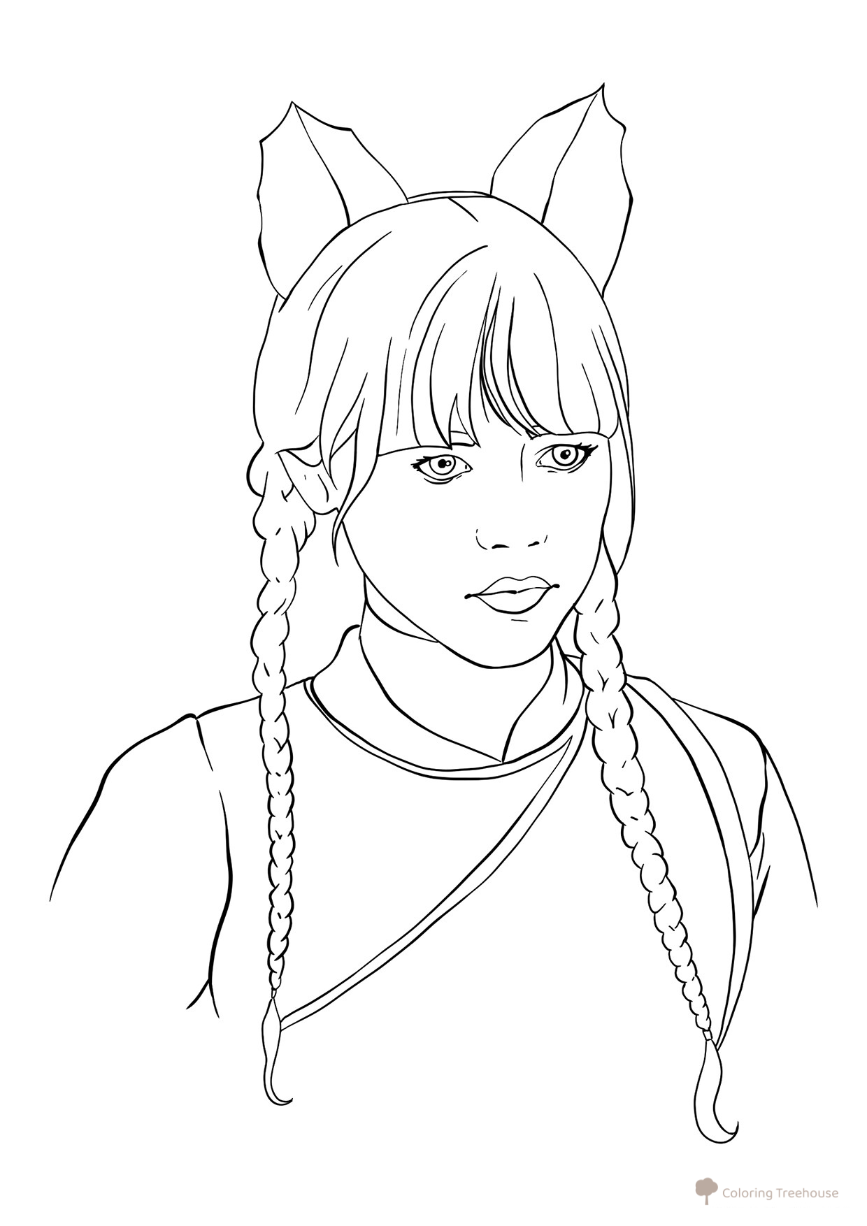 Página para colorear de Wednesday con un par de orejas adorables dibujo para colorear gratis de Dibujos para colorear de Wednesday (Уэнсдей)