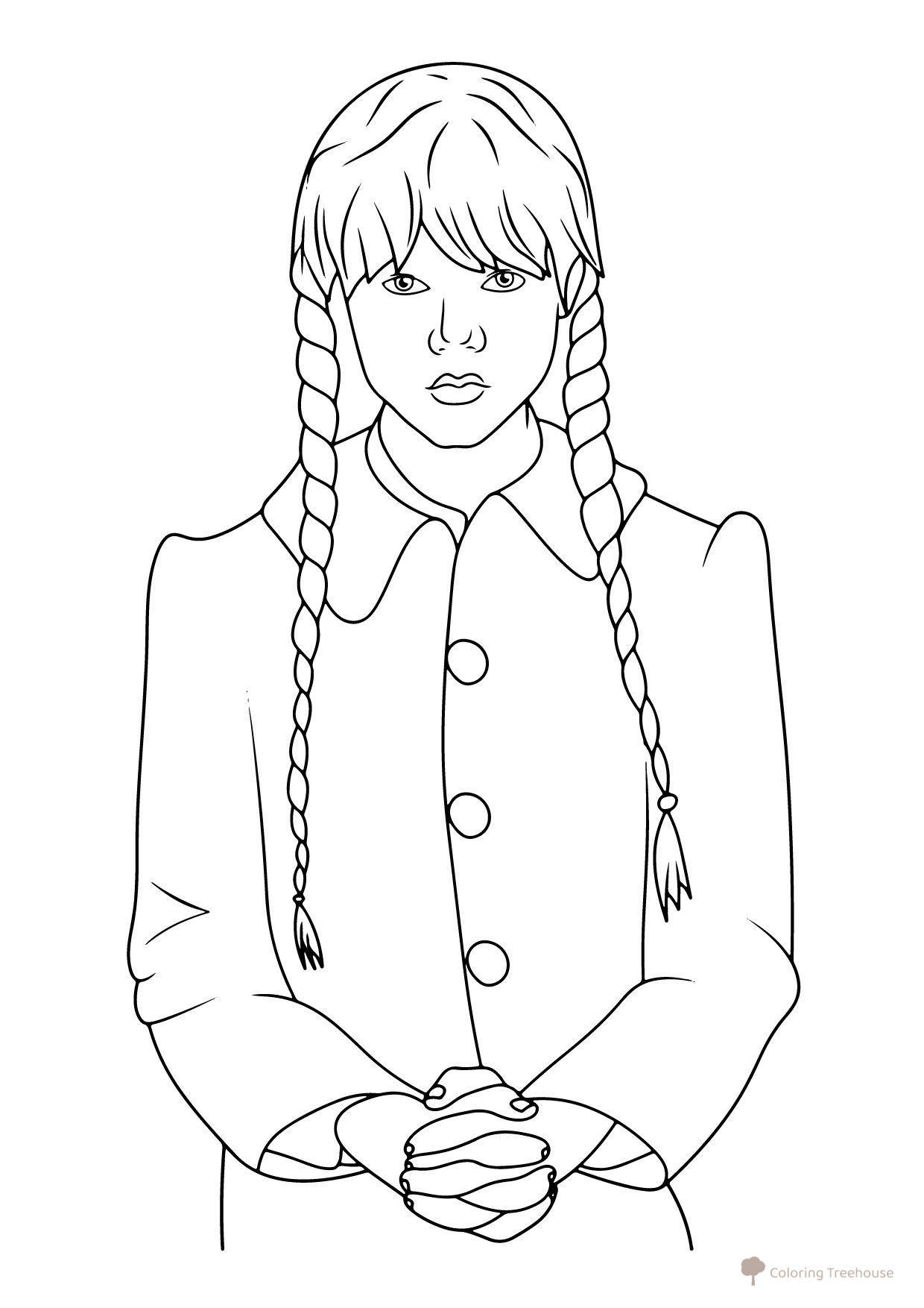 Página para colorear: Wednesday con los brazos cruzados dibujo para colorear gratis de Dibujos para colorear de Wednesday (Уэнсдей)
