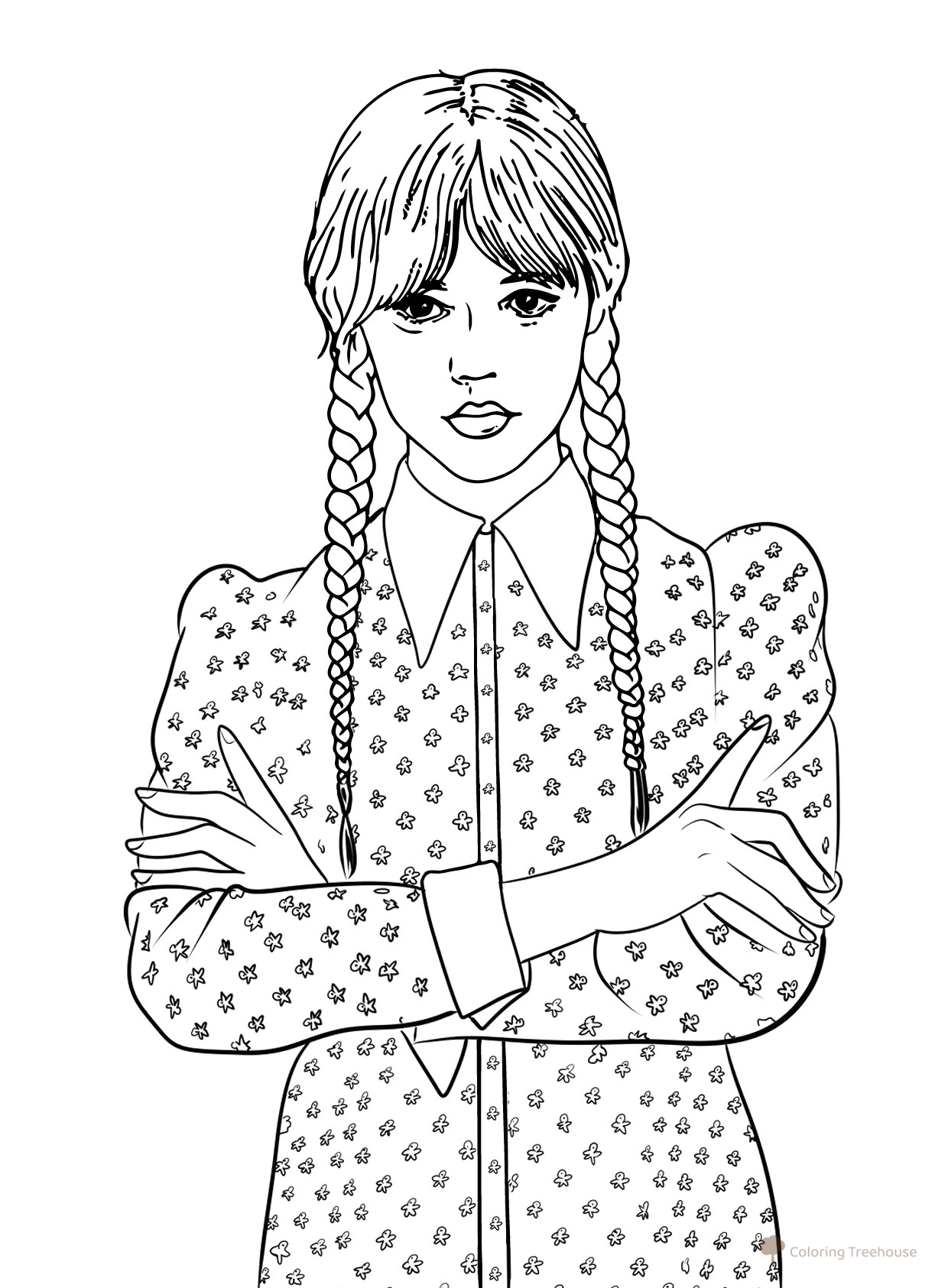 Página para colorear de Wednesday con vestido de cuello dibujo para colorear gratis de Dibujos para colorear de Wednesday (Уэнсдей)