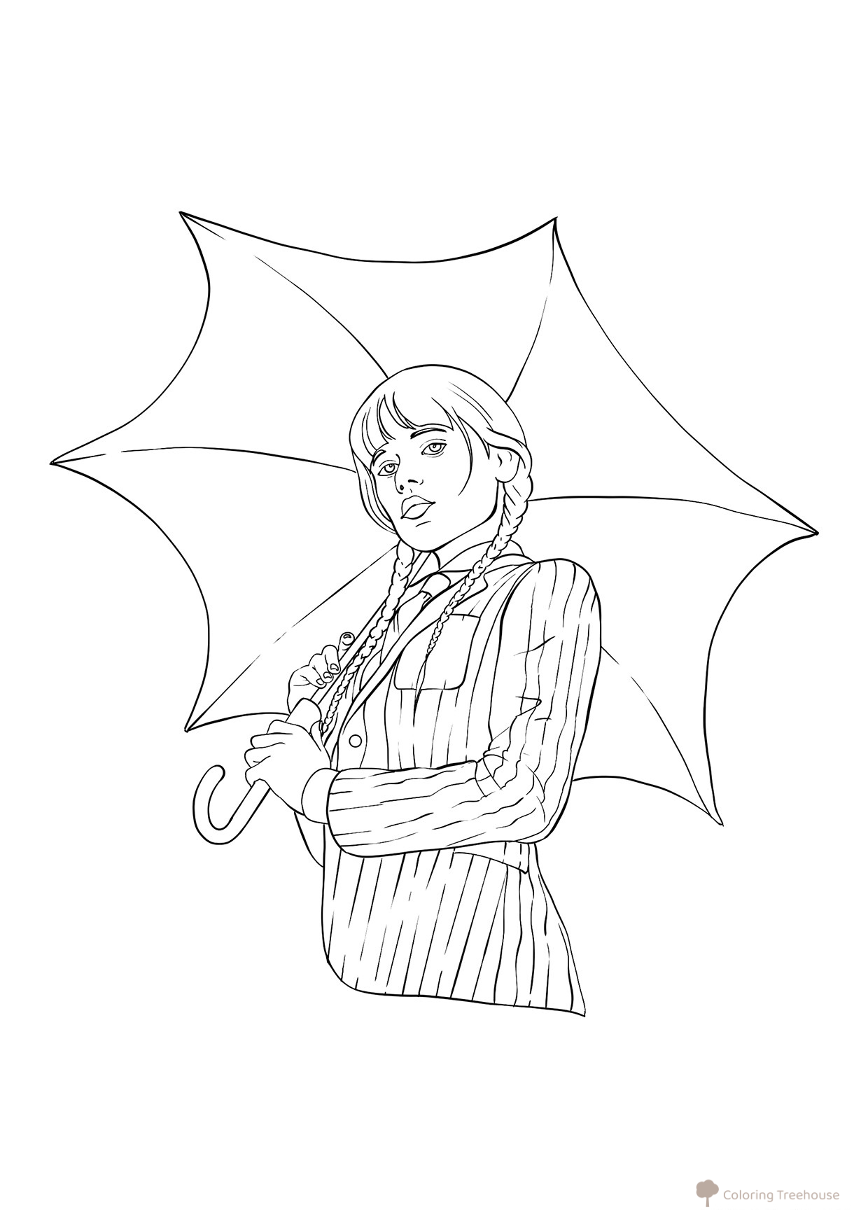 Página para colorear de Wednesday con chaqueta a rayas y paraguas dibujo para colorear gratis de Dibujos para colorear de Wednesday (Уэнсдей)