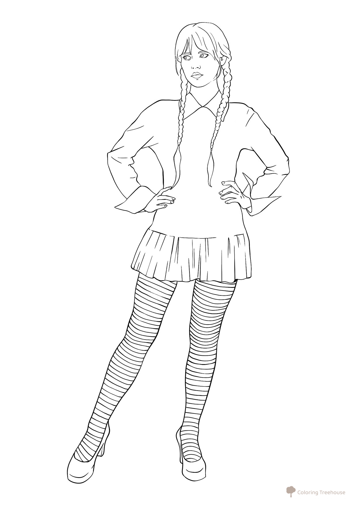 Página para colorear de Wednesday con medias a rayas dibujo para colorear gratis de Dibujos para colorear de Wednesday (Уэнсдей)