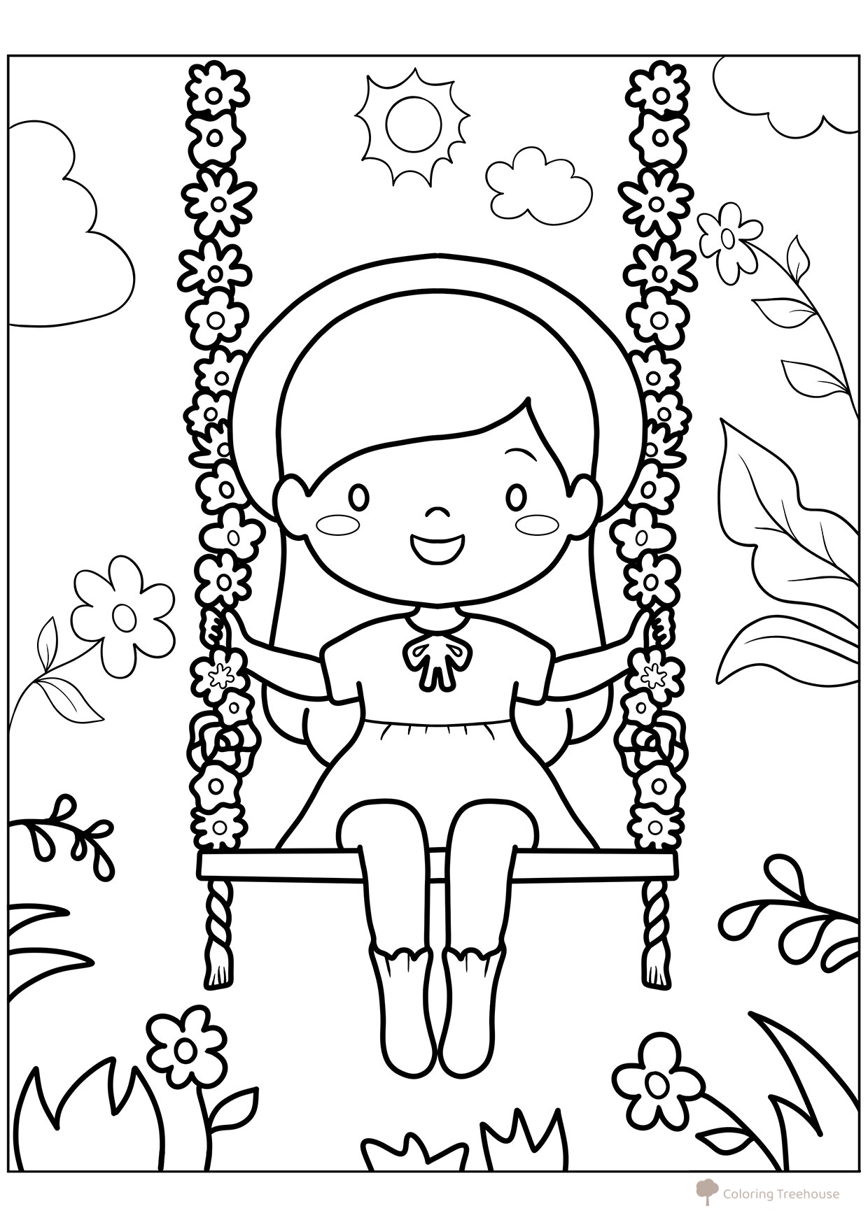 Página para colorear «Niña en columpios florales» dibujo para colorear gratis de Páginas para colorear: primavera