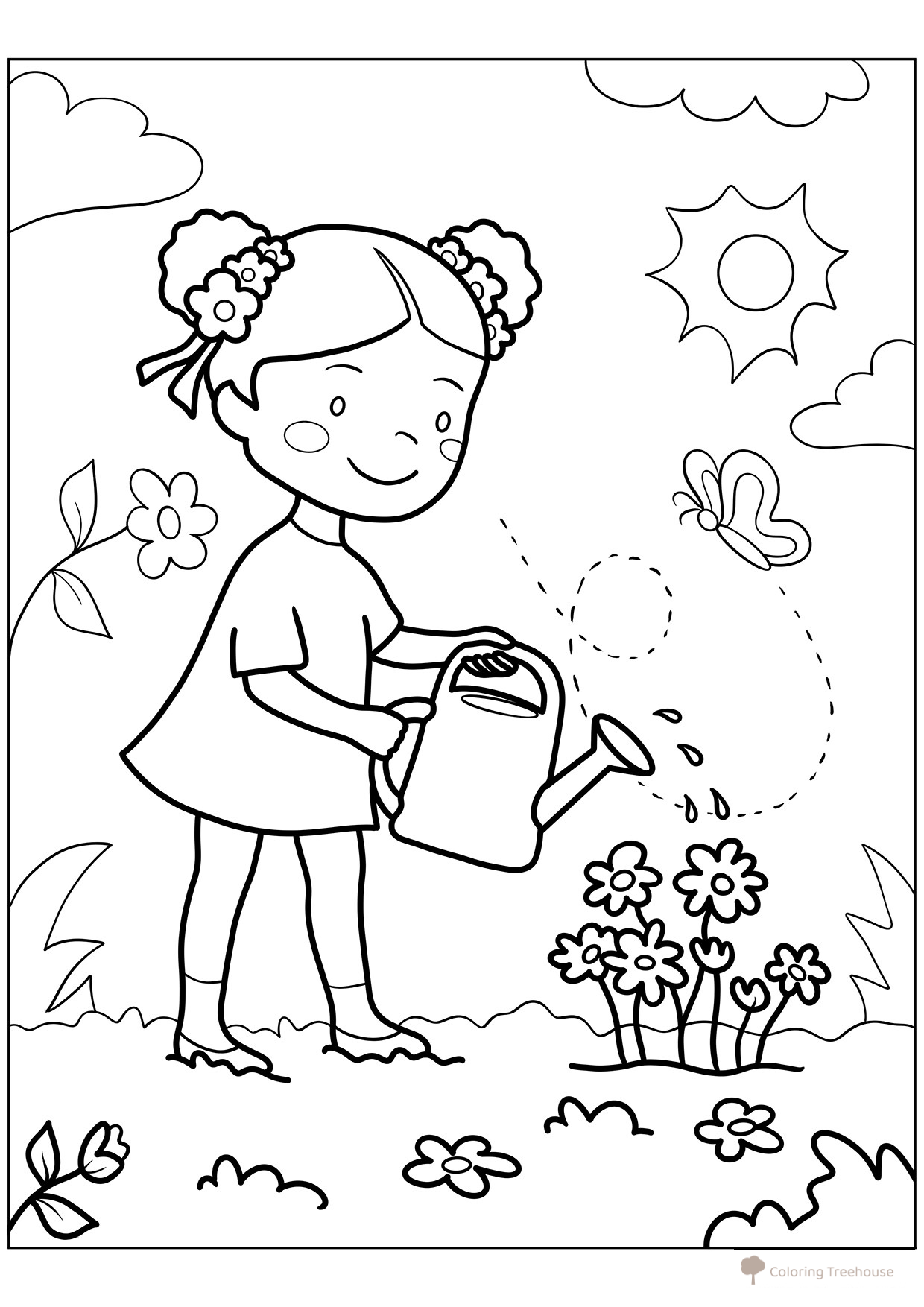 Girl Watering Flowers Coloring Page free printable Spring Coloring Pages coloring page