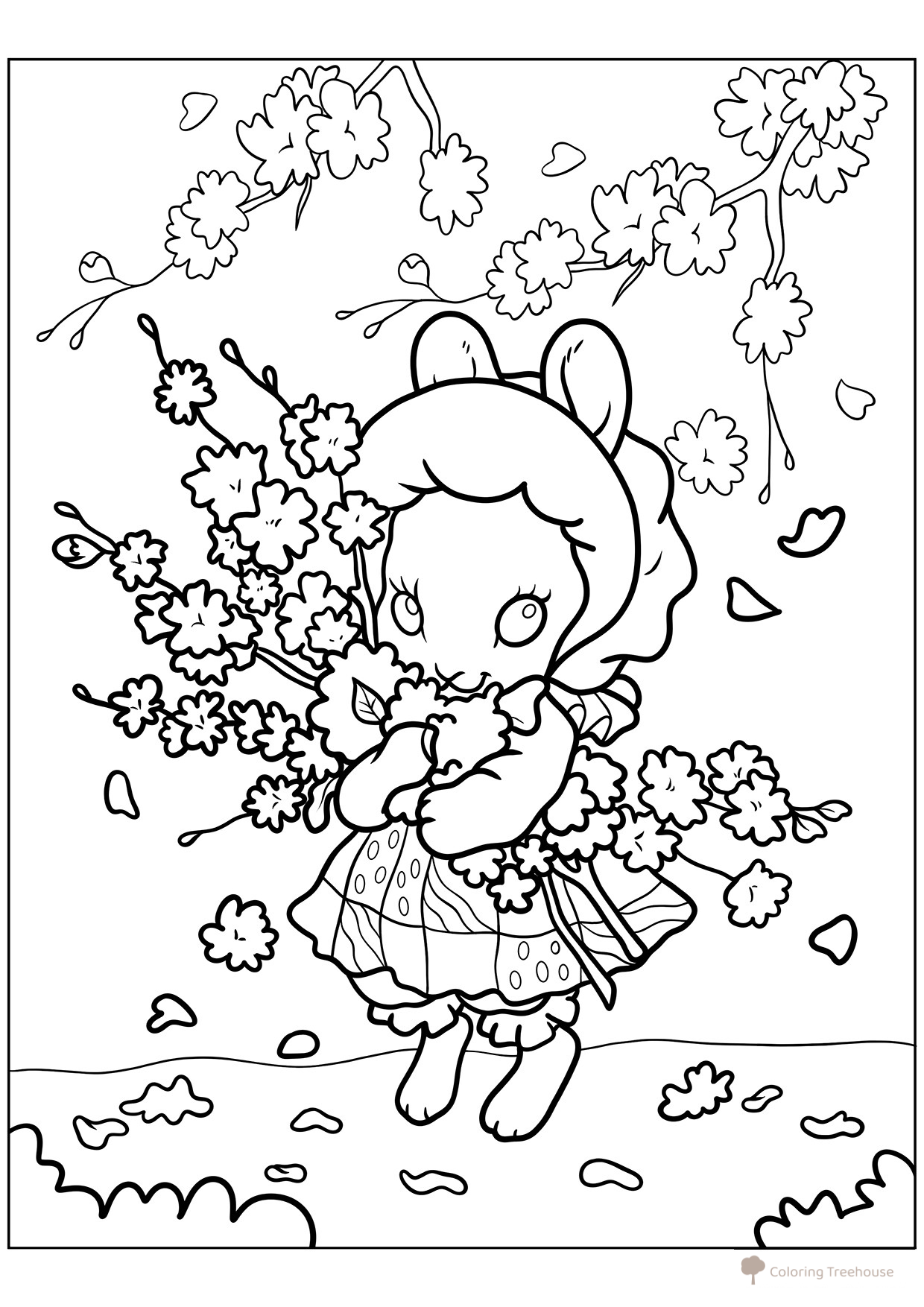 Pintura para colorear «Coneja kawaii con flores» dibujo para colorear gratis de Páginas para colorear: primavera