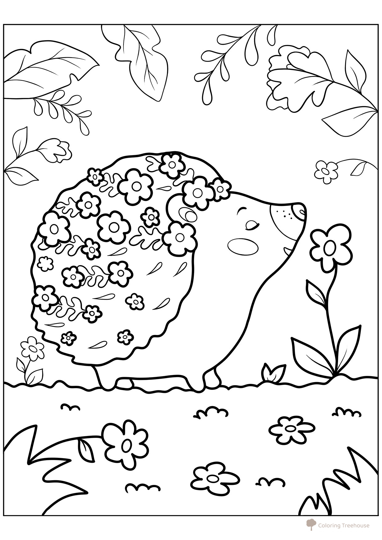 Adorable Hedgehog in Flowers Coloring Page free printable Spring Coloring Pages coloring page