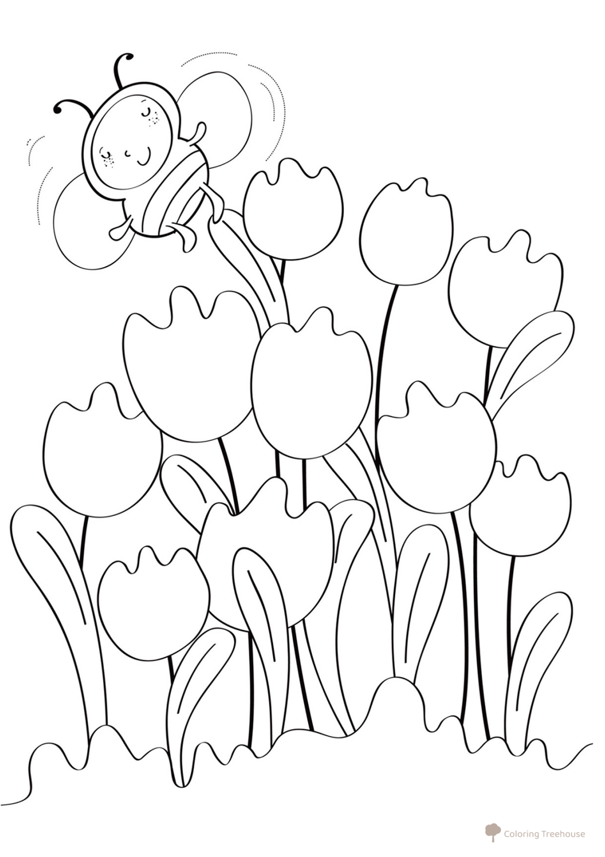 Página para colorear: Tulipanes y abeja dibujo para colorear gratis de Páginas para colorear: primavera