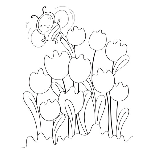 Tulips and Bee Coloring Page free printable Spring Coloring Pages coloring page