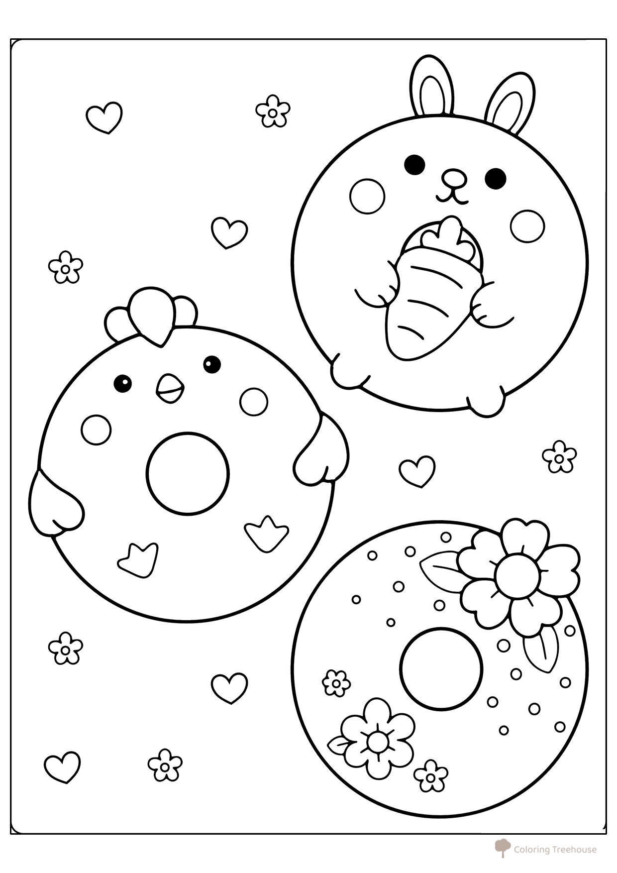 Spring Kawaii Donuts Coloring Page free printable Spring Coloring Pages coloring page
