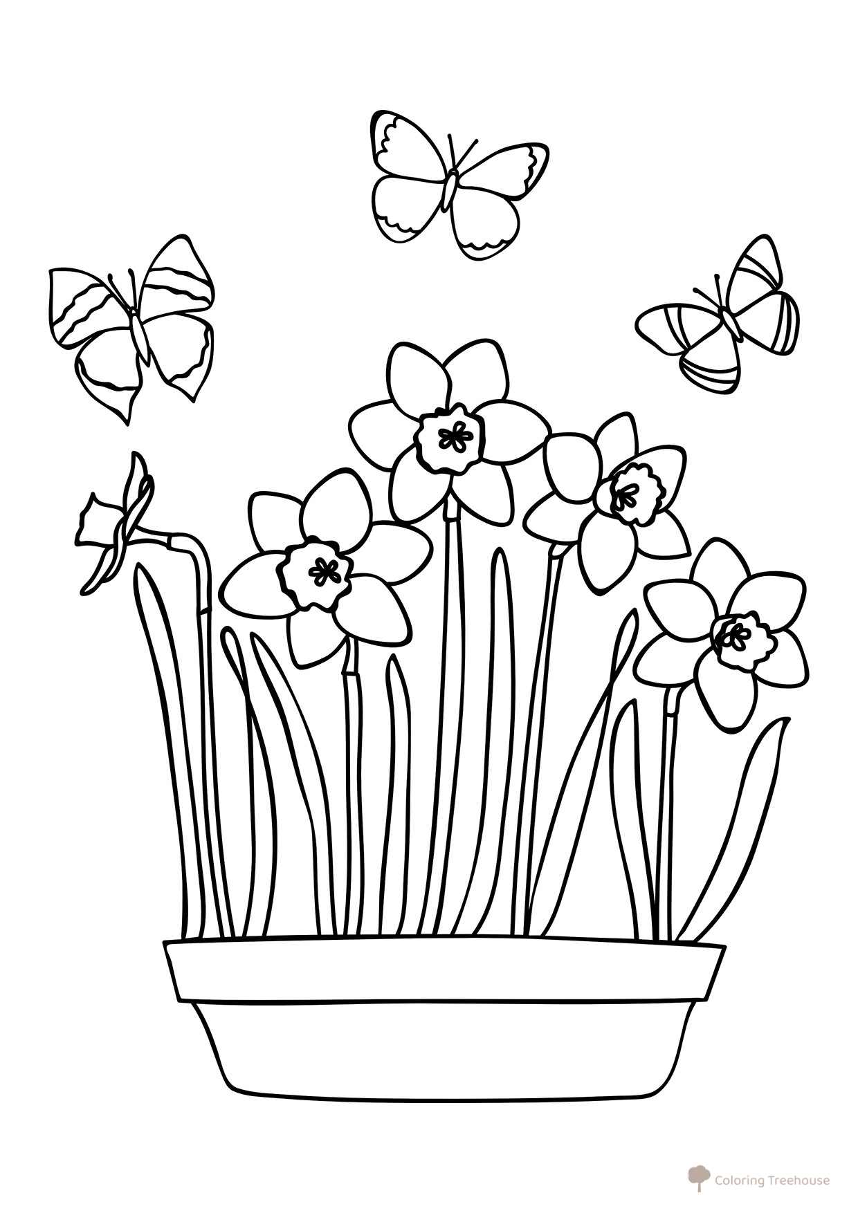 Spring Daffodils and Cute Butterflies Coloring Page free printable Spring Coloring Pages coloring page