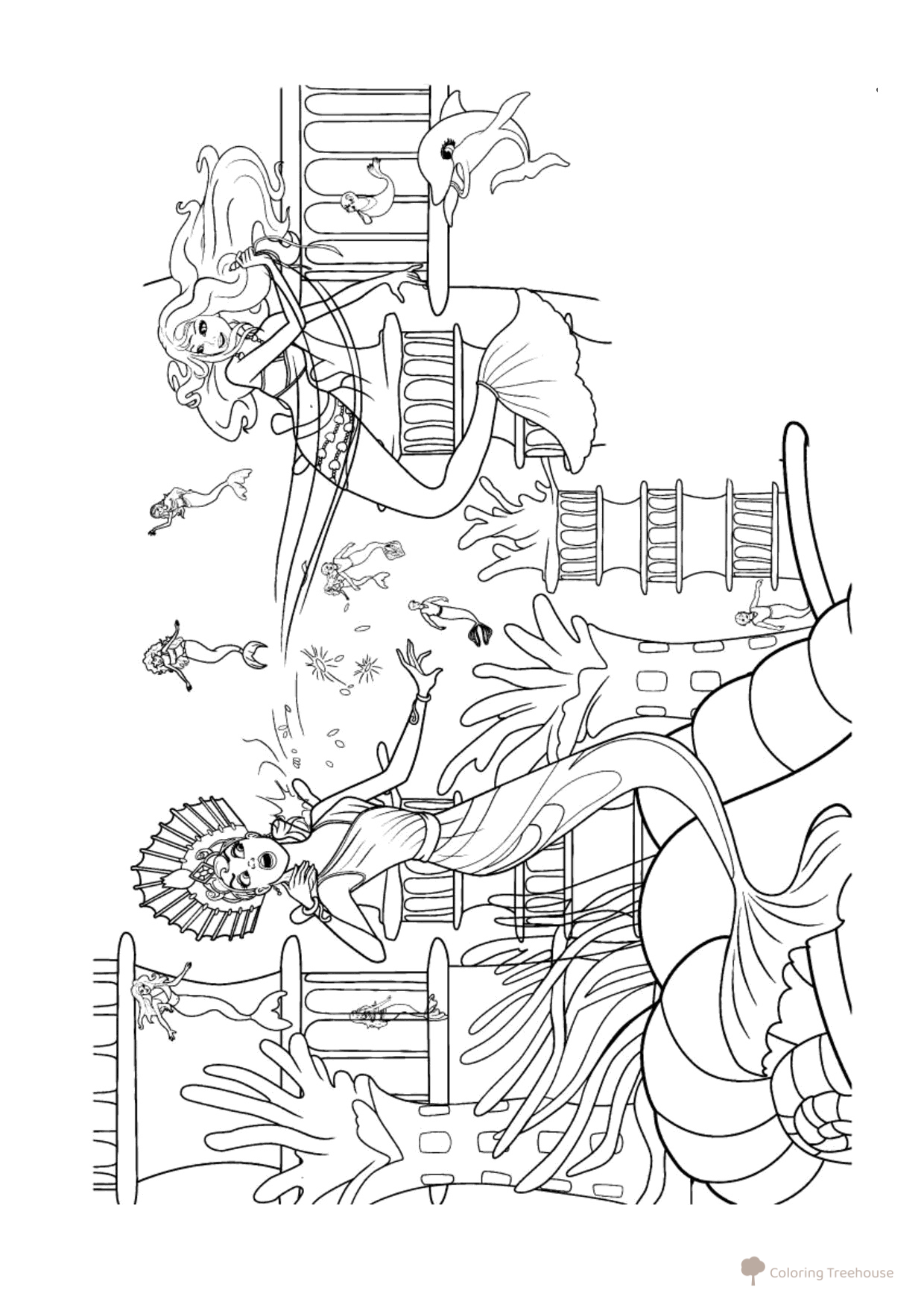 Página para colorear: Barbie protege el trono de Oceania dibujo para colorear gratis de Páginas para colorear de Barbie: Aventuras de la sirena