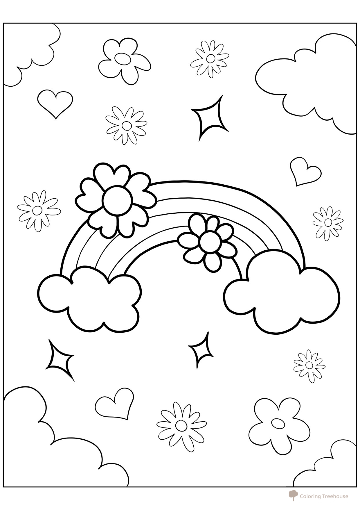 Página para colorear «Arcoíris primaveral y flores» dibujo para colorear gratis de Páginas para colorear: primavera