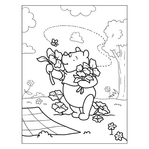Winnie the Pooh and Spring Flowers Coloring Page free printable Spring Coloring Pages coloring page