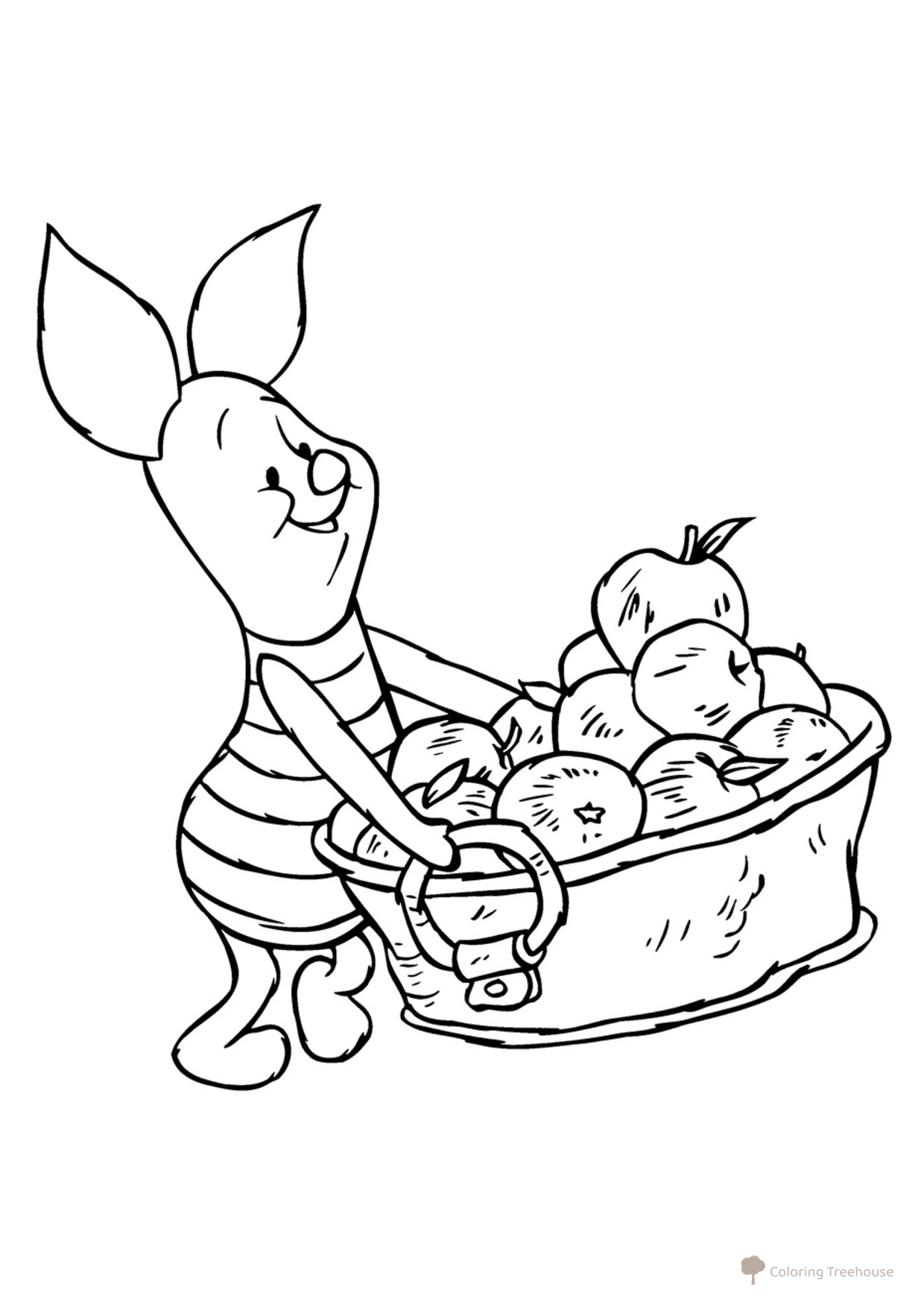 Página para colorear: Pjatáčok con una cesta de manzanas dibujo para colorear gratis de Páginas para colorear de Winnie the Pooh y sus amigos