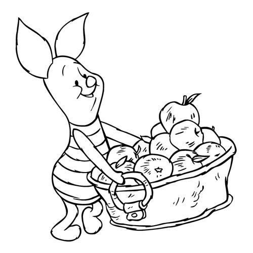 Página para colorear: Pjatáčok con una cesta de manzanas dibujo para colorear gratis de Páginas para colorear de Winnie the Pooh y sus amigos