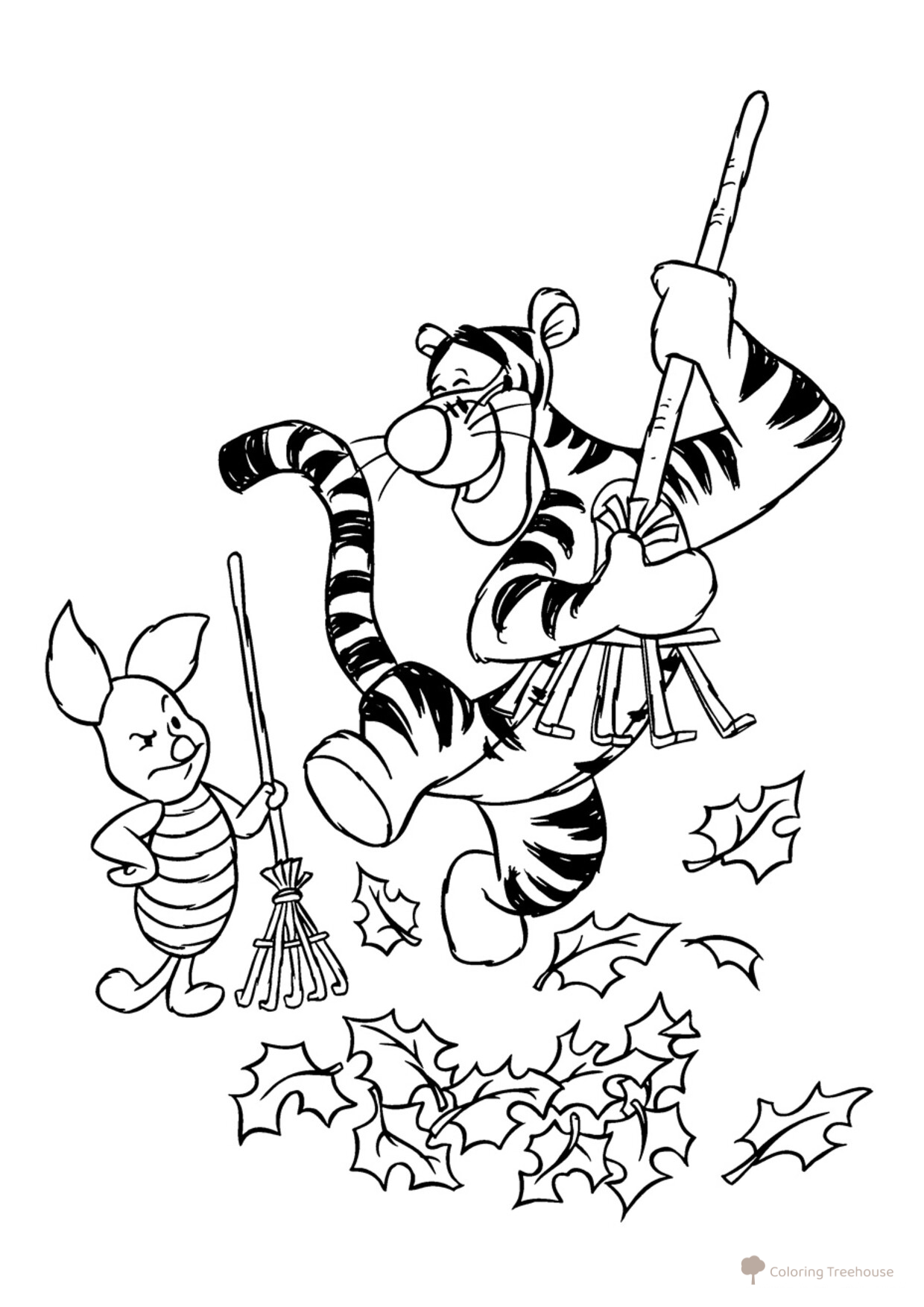 Tigger and Piglet Rake Leaves Coloring Page free printable Winnie the Pooh and Friends Coloring Pages coloring page