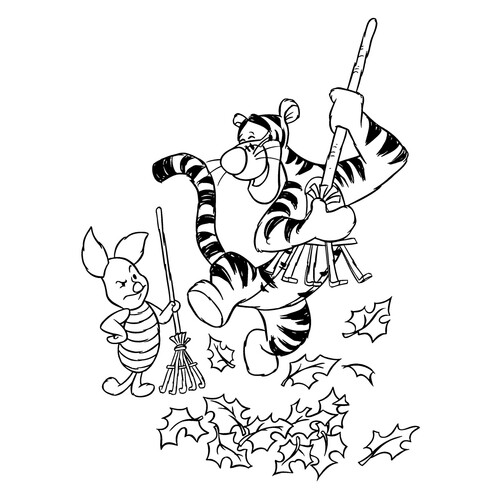 Tigger and Piglet Rake Leaves Coloring Page free printable Winnie the Pooh and Friends Coloring Pages coloring page