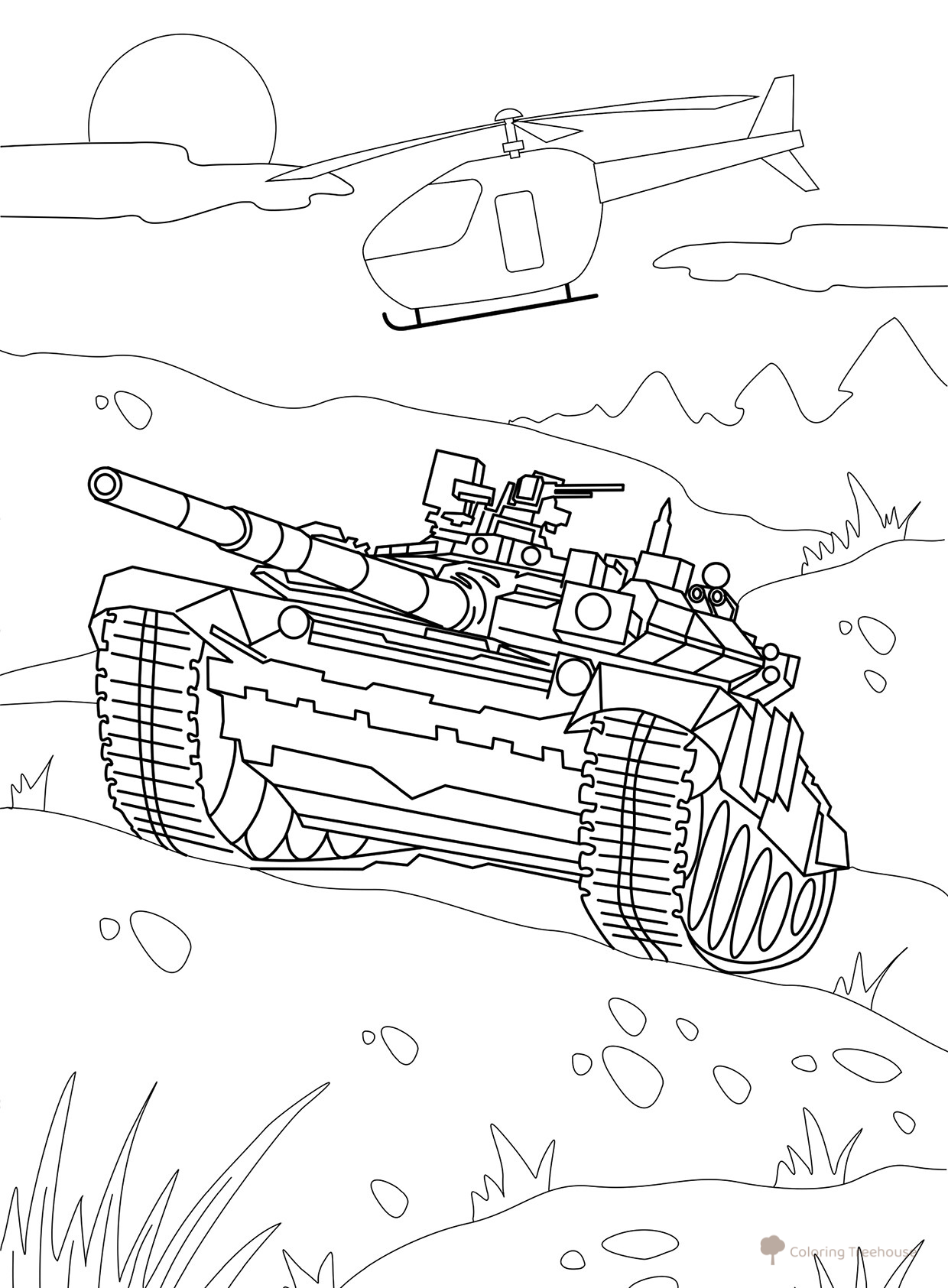 Página para colorear: Tanque y helicóptero dibujo para colorear gratis de Páginas para colorear de vehículos militares