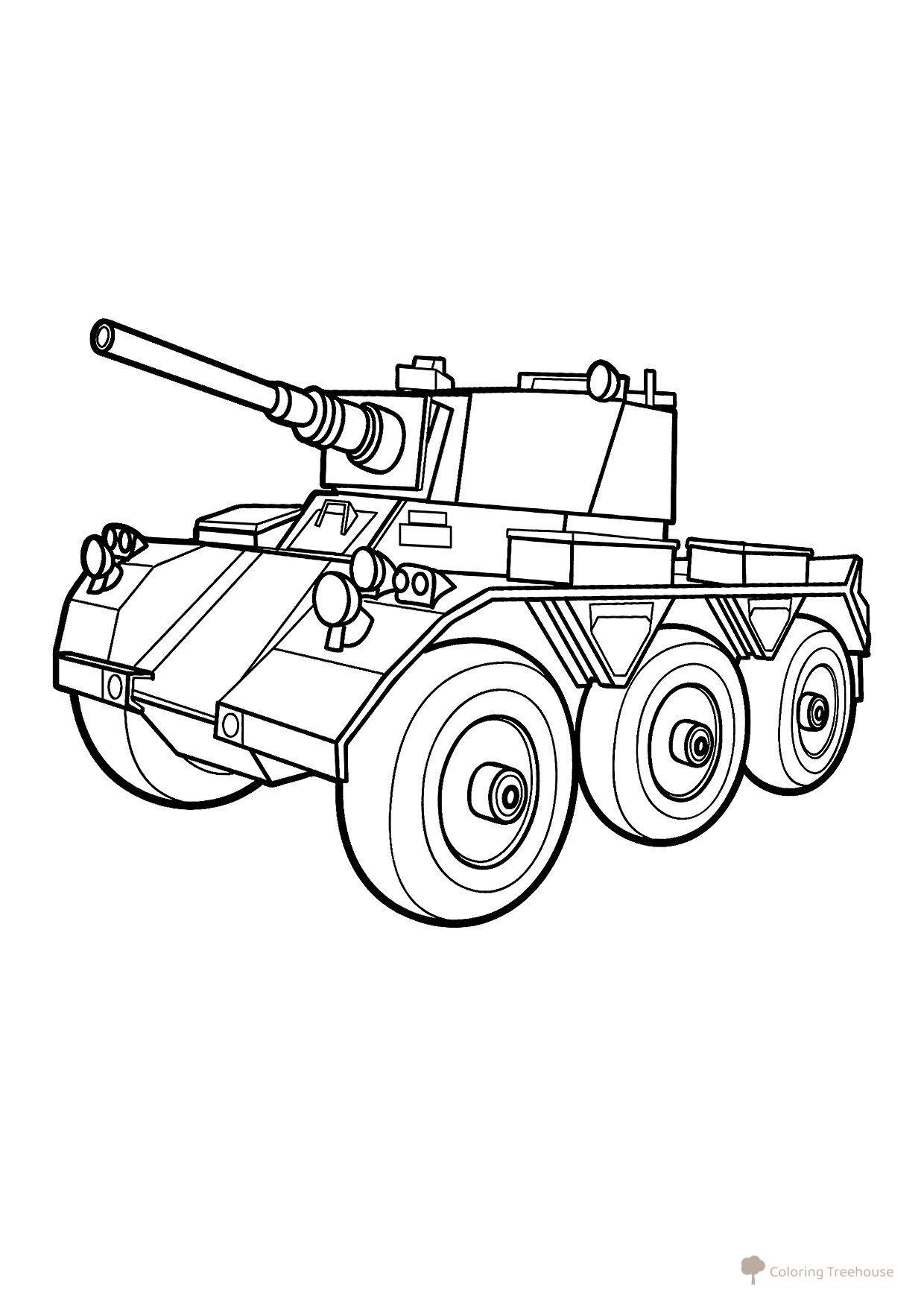 Página para colorear «Tanque sobre chasis con ruedas» dibujo para colorear gratis de Páginas para colorear de vehículos militares