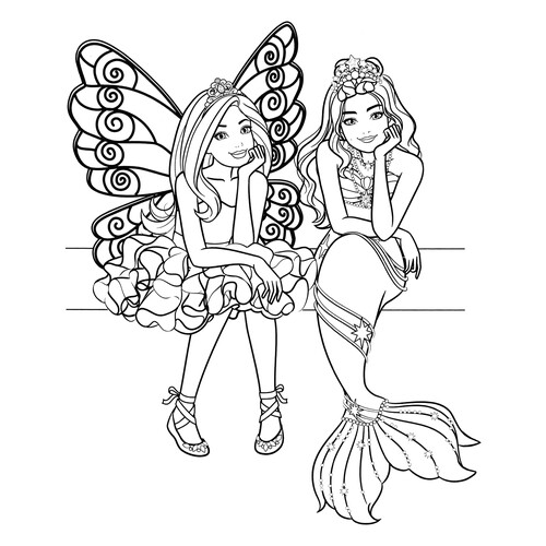 Página para colorear: Barbie hada y Barbie sirena dibujo para colorear gratis de Barbie Coloring Pages for Girls