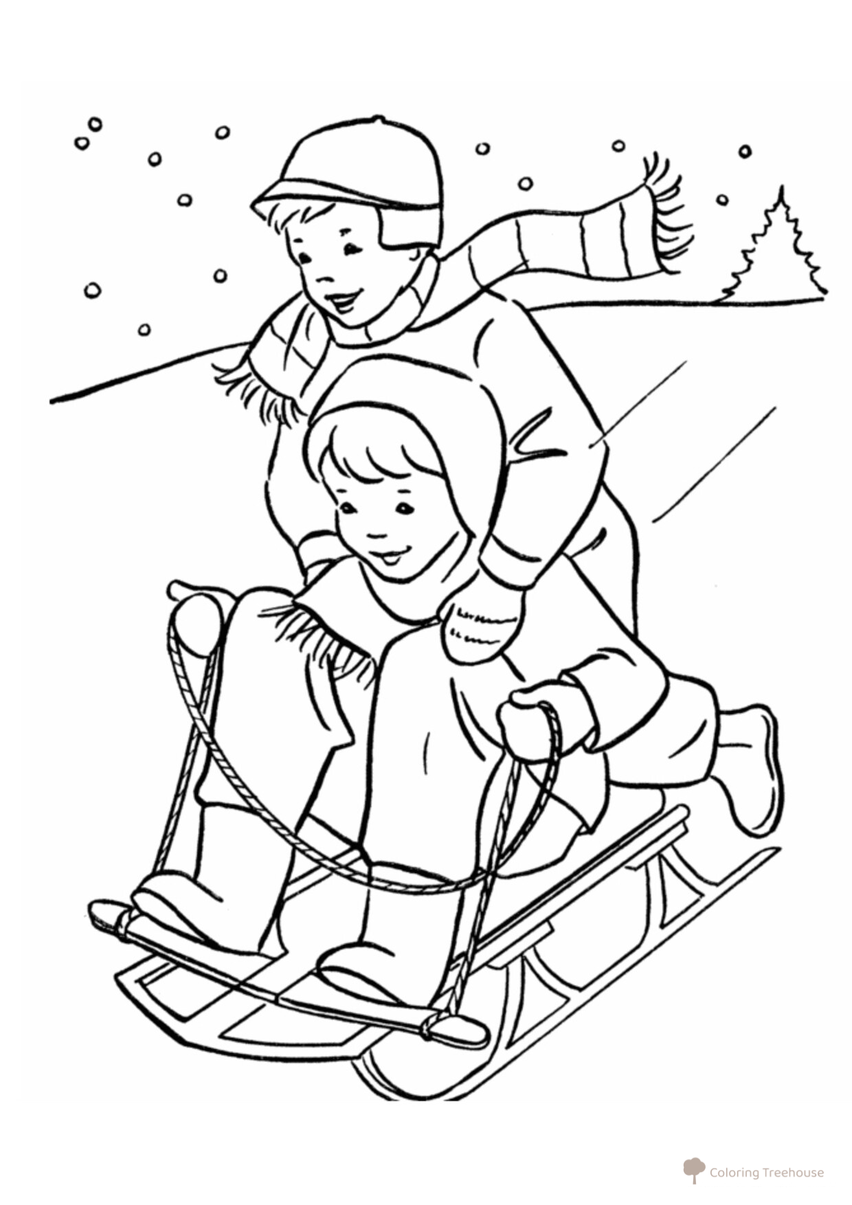 Página para colorear: Dos niños en un trineo dibujo para colorear gratis de Páginas para colorear: Invierno