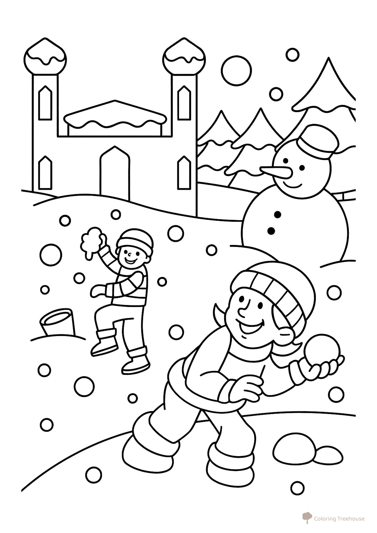 Página para colorear: Muñeco de nieve y niños dibujo para colorear gratis de Páginas para colorear: Invierno