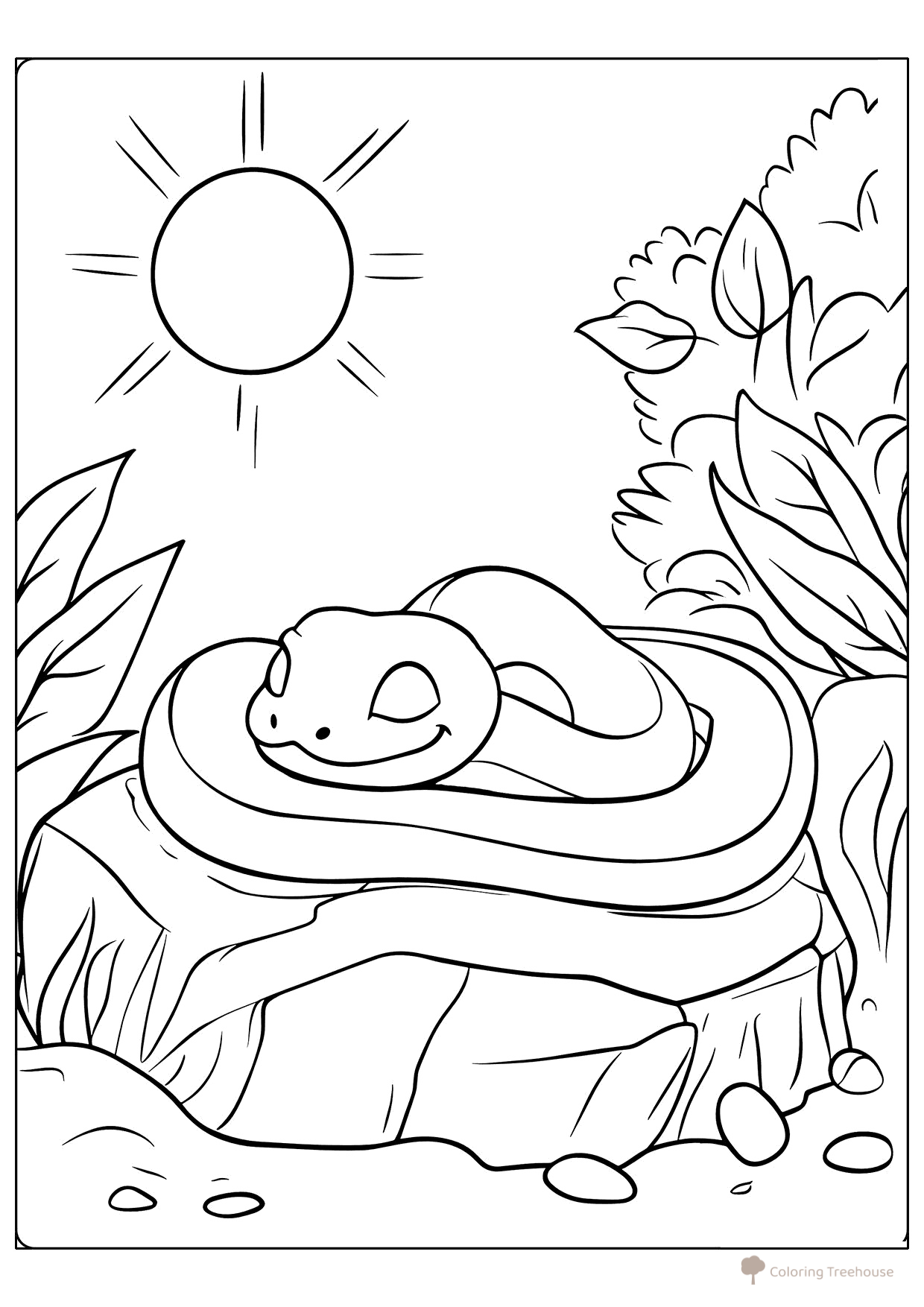 Página para colorear «Culebra en el tocón y sol» dibujo para colorear gratis de Páginas para colorear de serpientes