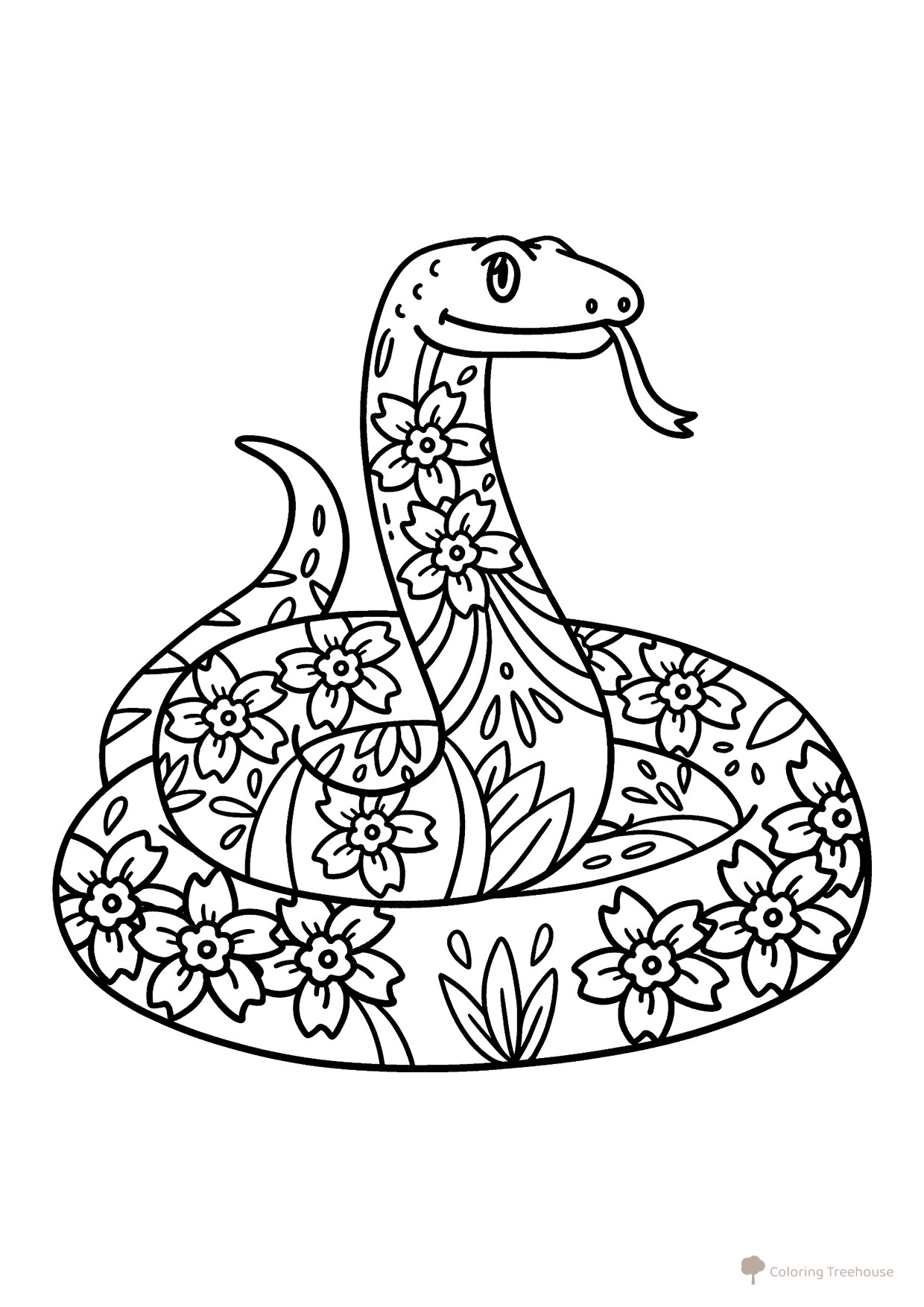 Snake with Flowers Coloring Page free printable Snake Coloring Pages coloring page