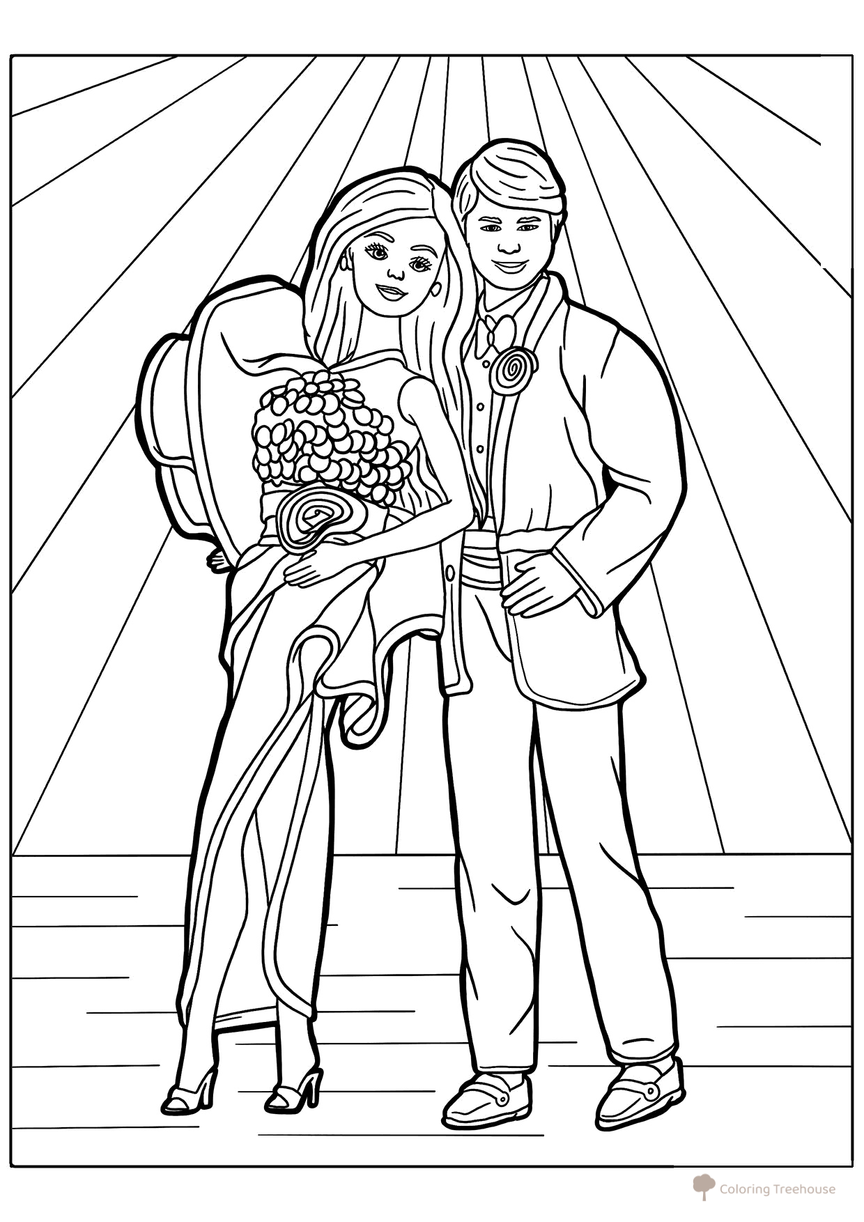 Página para colorear «Barbie y Ken en el baile» dibujo para colorear gratis de Barbie Coloring Pages for Girls