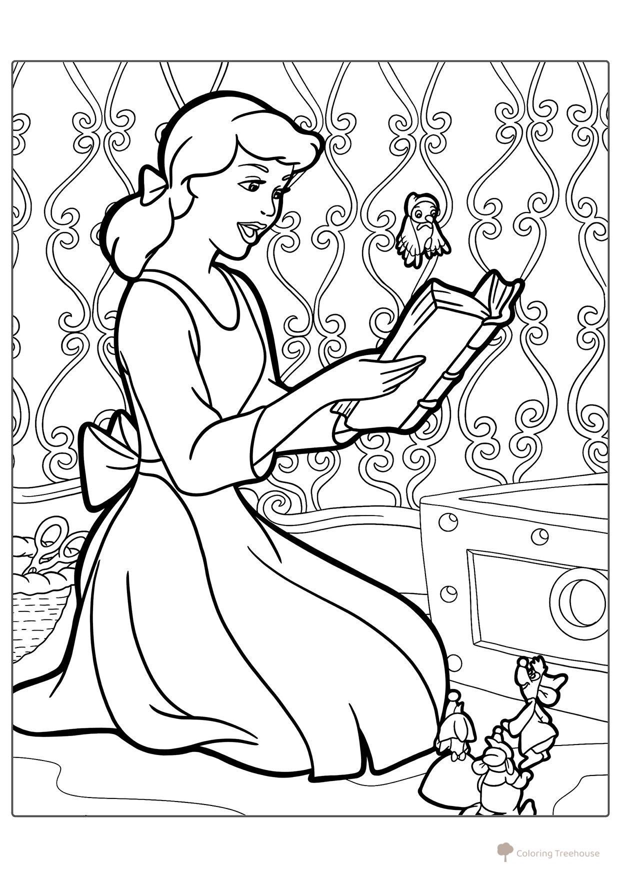 Zolushka lee un libro — página para colorear dibujo para colorear gratis de Páginas para colorear de Cenicienta
