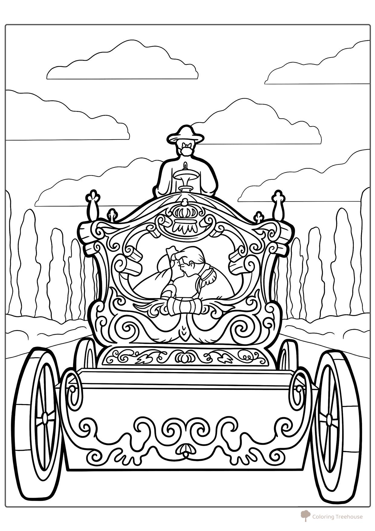 Página para colorear: Cenicienta y el príncipe en el carruaje dibujo para colorear gratis de Páginas para colorear de Cenicienta