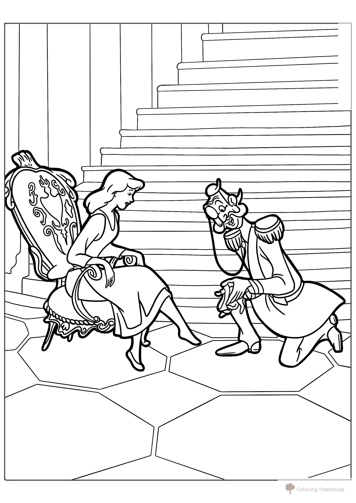 Dibujos para colorear: La Cenicienta se prueba el zapato dibujo para colorear gratis de Páginas para colorear de Cenicienta