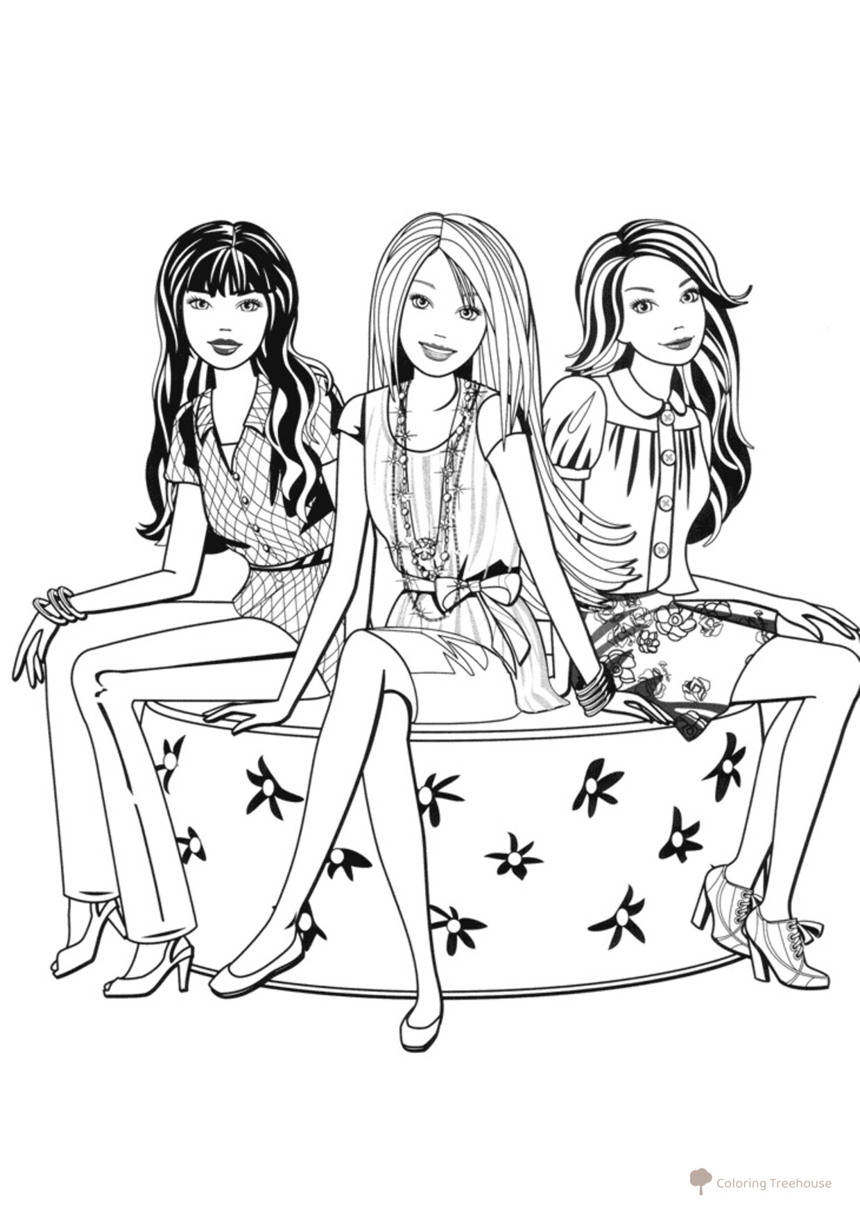 Barbie en el banco con sus amigas - página para colorear dibujo para colorear gratis de Barbie Coloring Pages for Girls