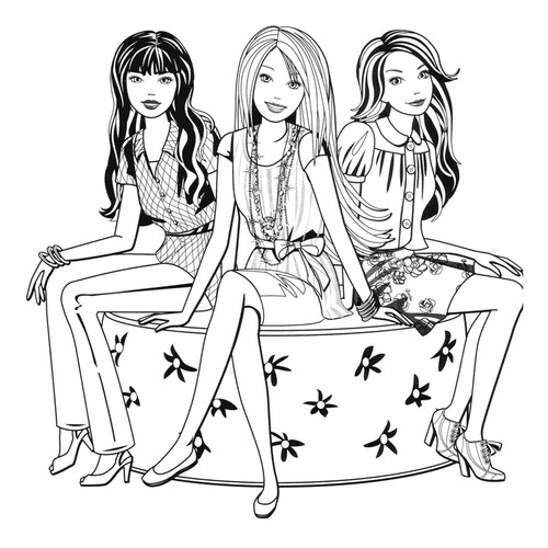 Barbie en el banco con sus amigas - página para colorear dibujo para colorear gratis de Barbie Coloring Pages for Girls