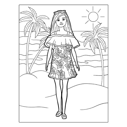 Página para colorear «Barbie en la playa con palmeras» dibujo para colorear gratis de Barbie Coloring Pages for Girls