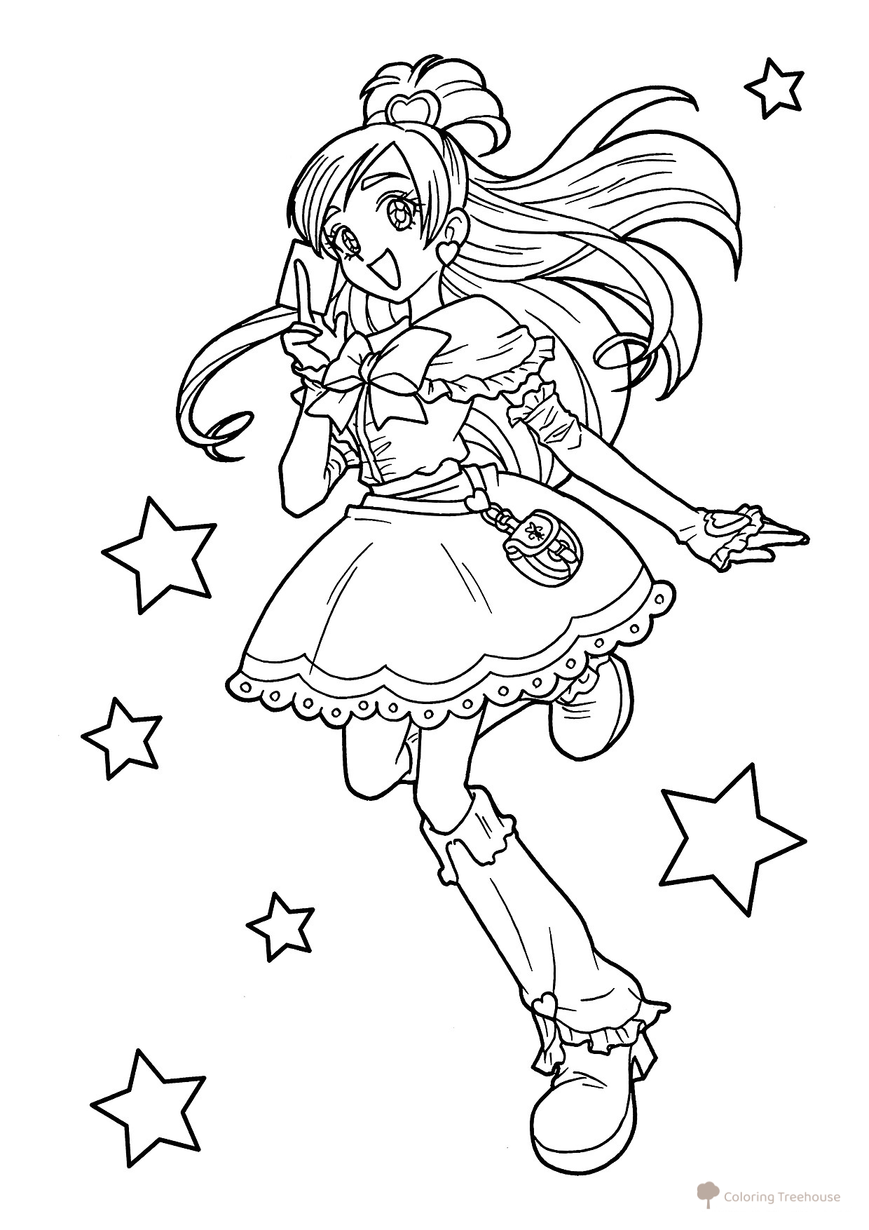 Página para colorear «Chica anime y estrellas» dibujo para colorear gratis de Páginas para colorear de chicas anime