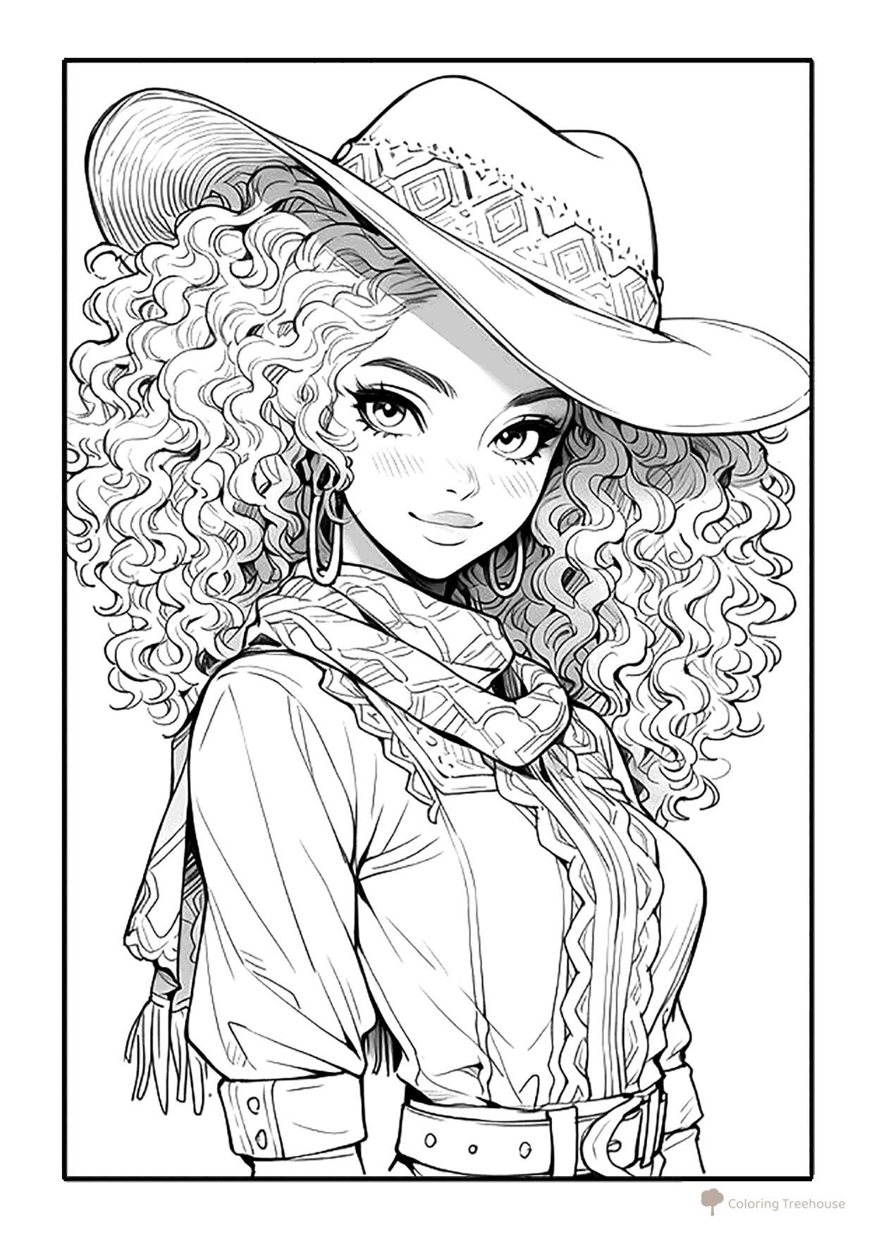 Anime Girl in a Cowboy Hat Coloring Page free printable Anime Girl Coloring Pages coloring page