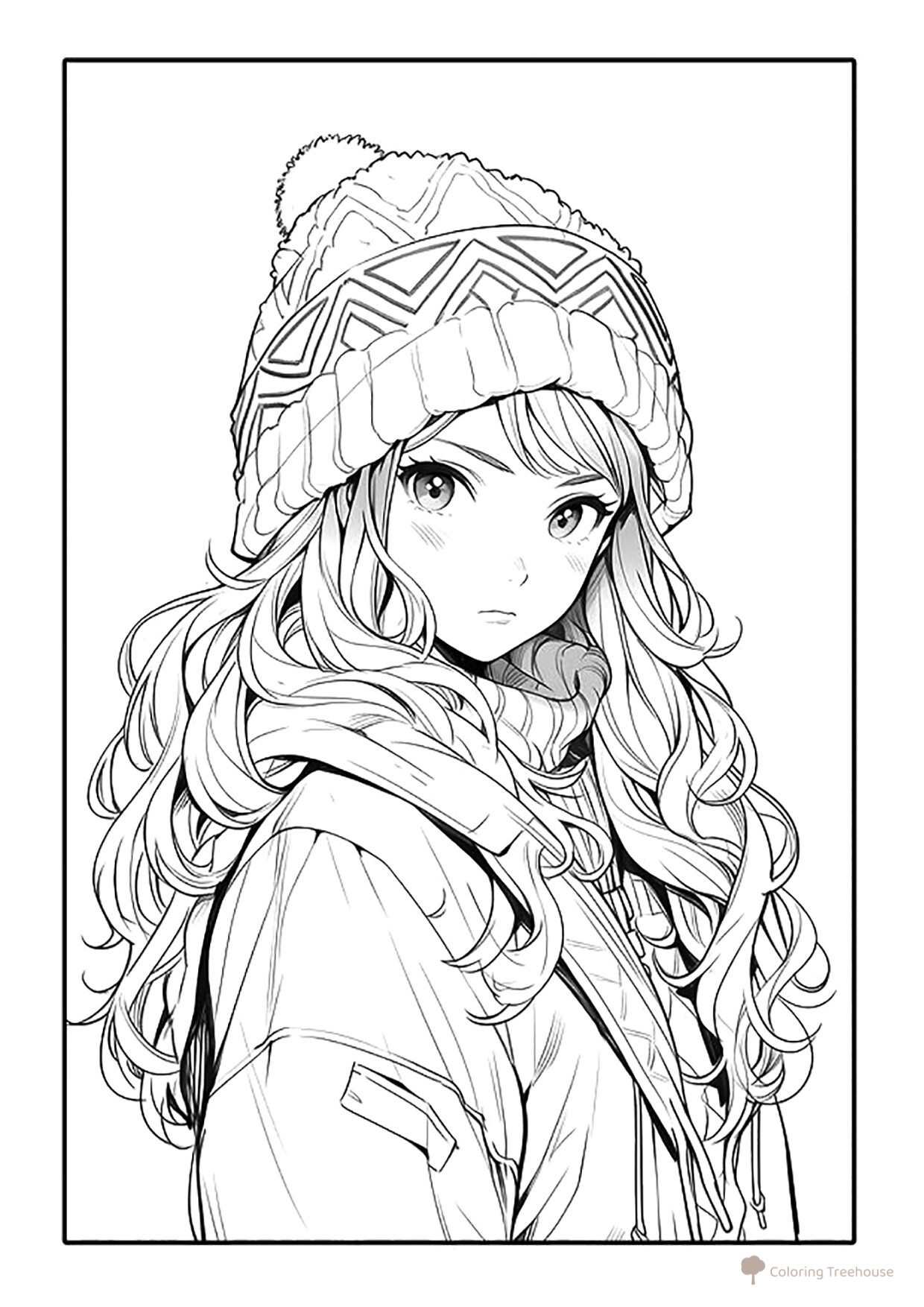 Anime Girl in Knit Hat Coloring Page free printable Anime Girl Coloring Pages coloring page