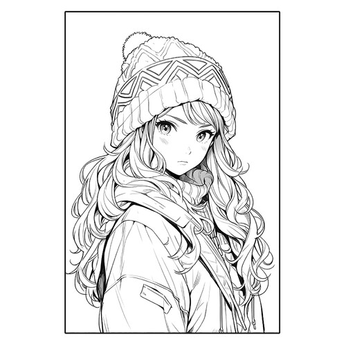 Anime Girl in Knit Hat Coloring Page free printable Anime Girl Coloring Pages coloring page