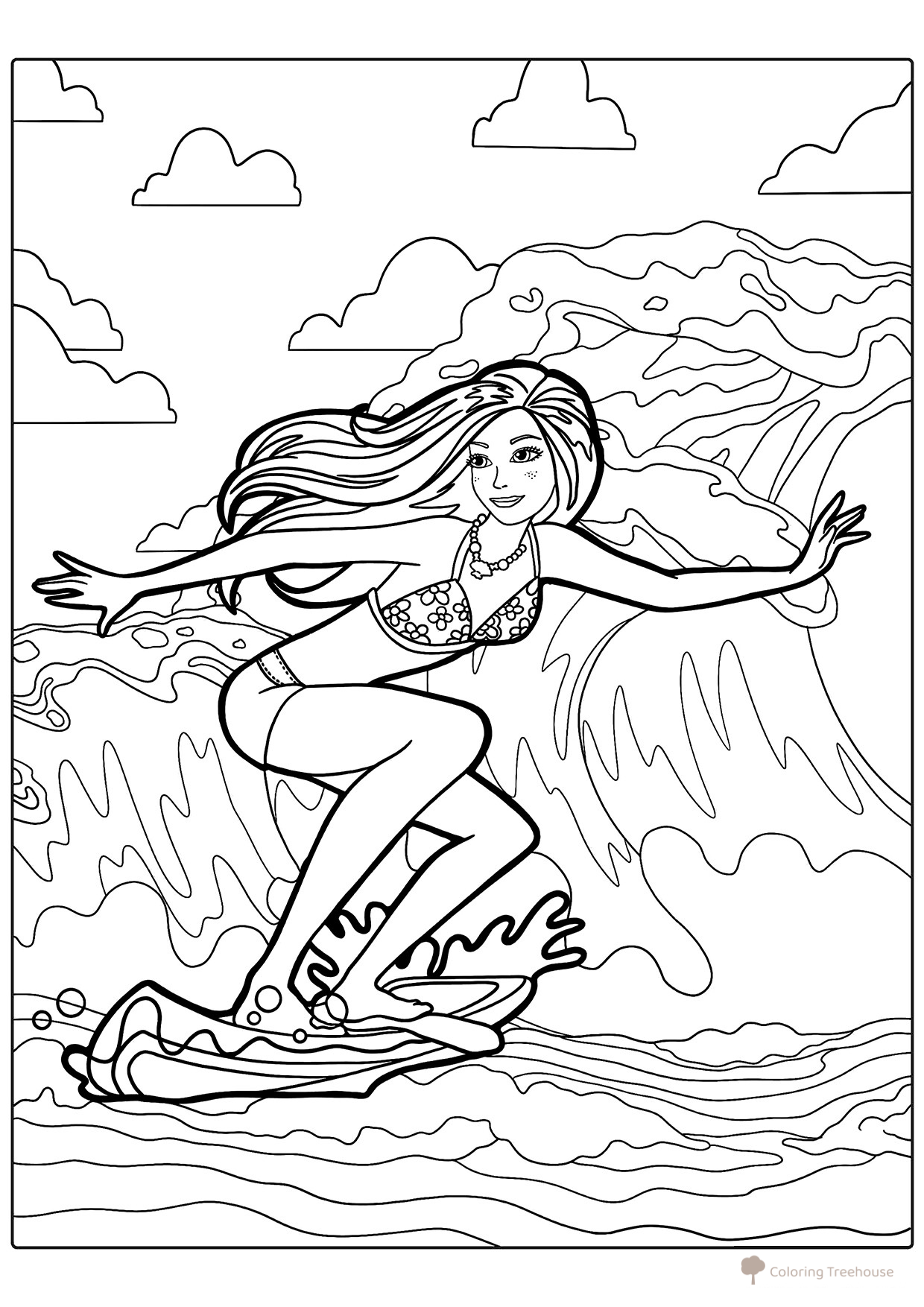 Página para colorear «Barbie en la ola» dibujo para colorear gratis de Barbie Coloring Pages for Girls