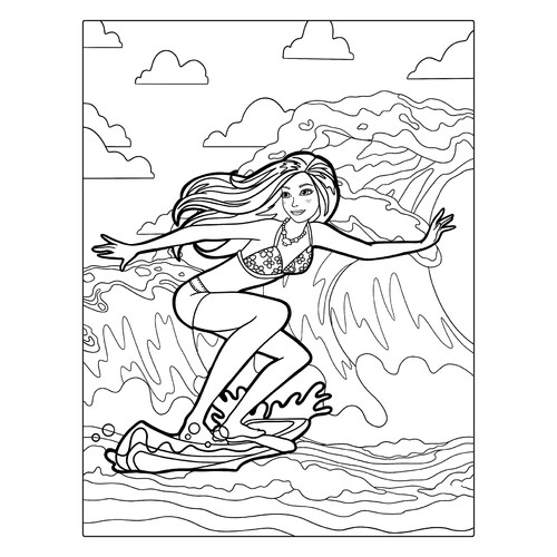 Página para colorear «Barbie en la ola» dibujo para colorear gratis de Barbie Coloring Pages for Girls