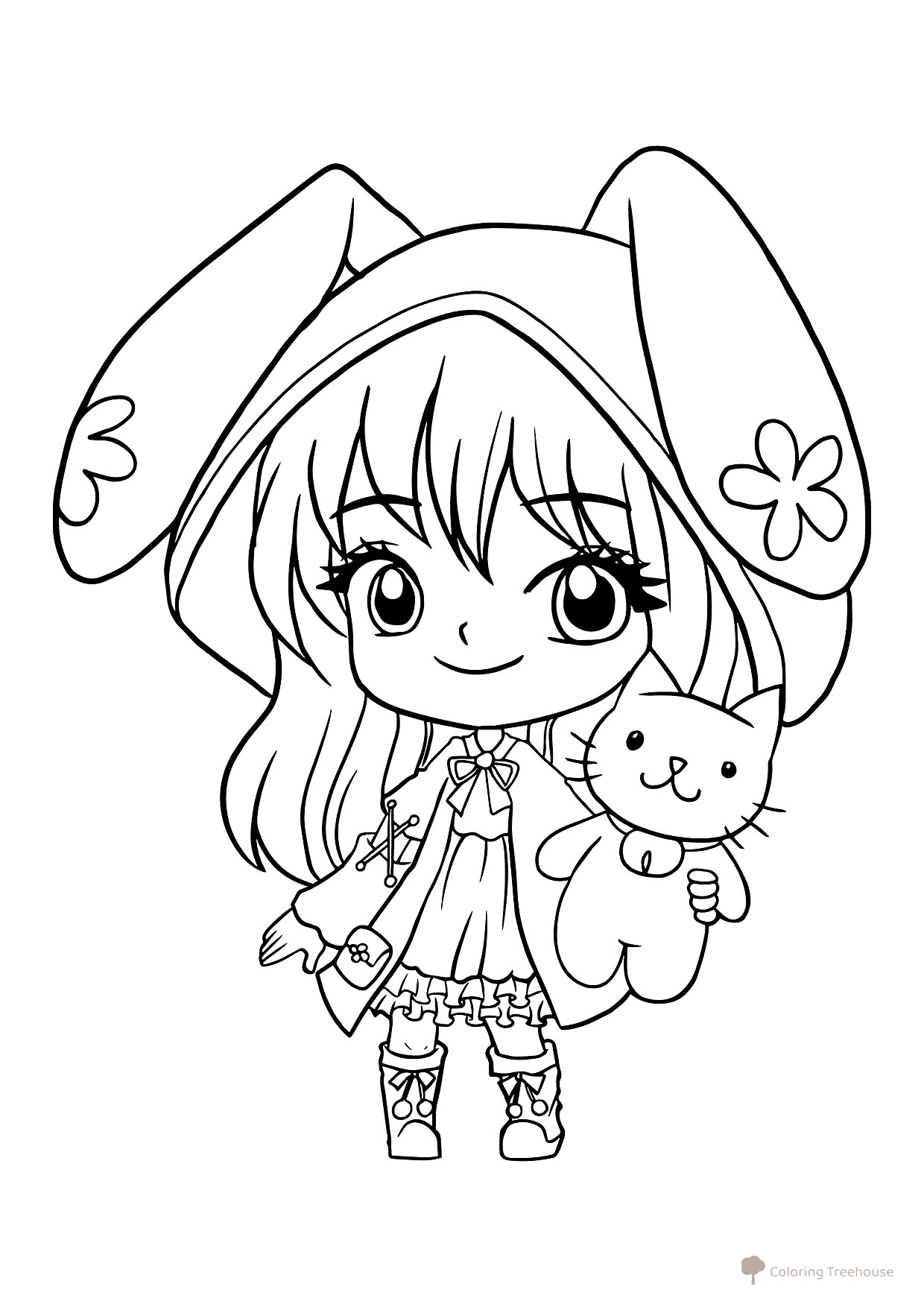 Página para colorear «Niña anime kawaii con gatito» dibujo para colorear gratis de Páginas para colorear de chicas anime